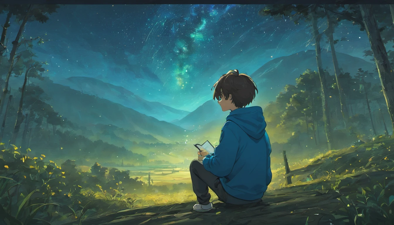 Anime Boy programmer 14 year old, in blue hoodie, brown hair, black jeans, backpack, starry sky, sitting on floating land tree shading him, meticulously detailed, 4K, moody, dreamy, camera focus on starry sky and foggy surroundings