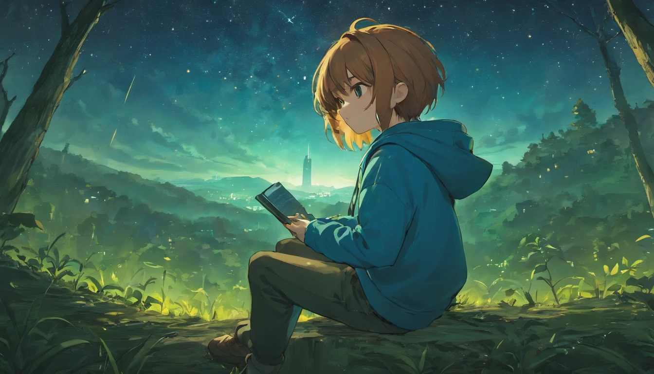 Anime Boy programmer , in blue hoodie, brown hair, black jeans, backpack, starry sky, sitting on floating land tree shading him, meticulously detailed, 4K, moody, dreamy, camera focus on starry sky and foggy surroundings