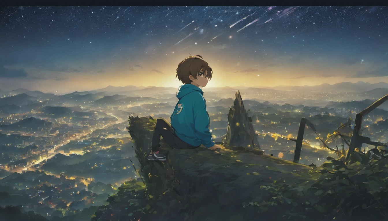 Anime Boy programmer , in blue hoodie, brown hair, black jeans, backpack, starry sky, sitting on floating land tree shading him, meticulously detailed, 4K, moody, dreamy, camera focus on starry sky and foggy surroundings