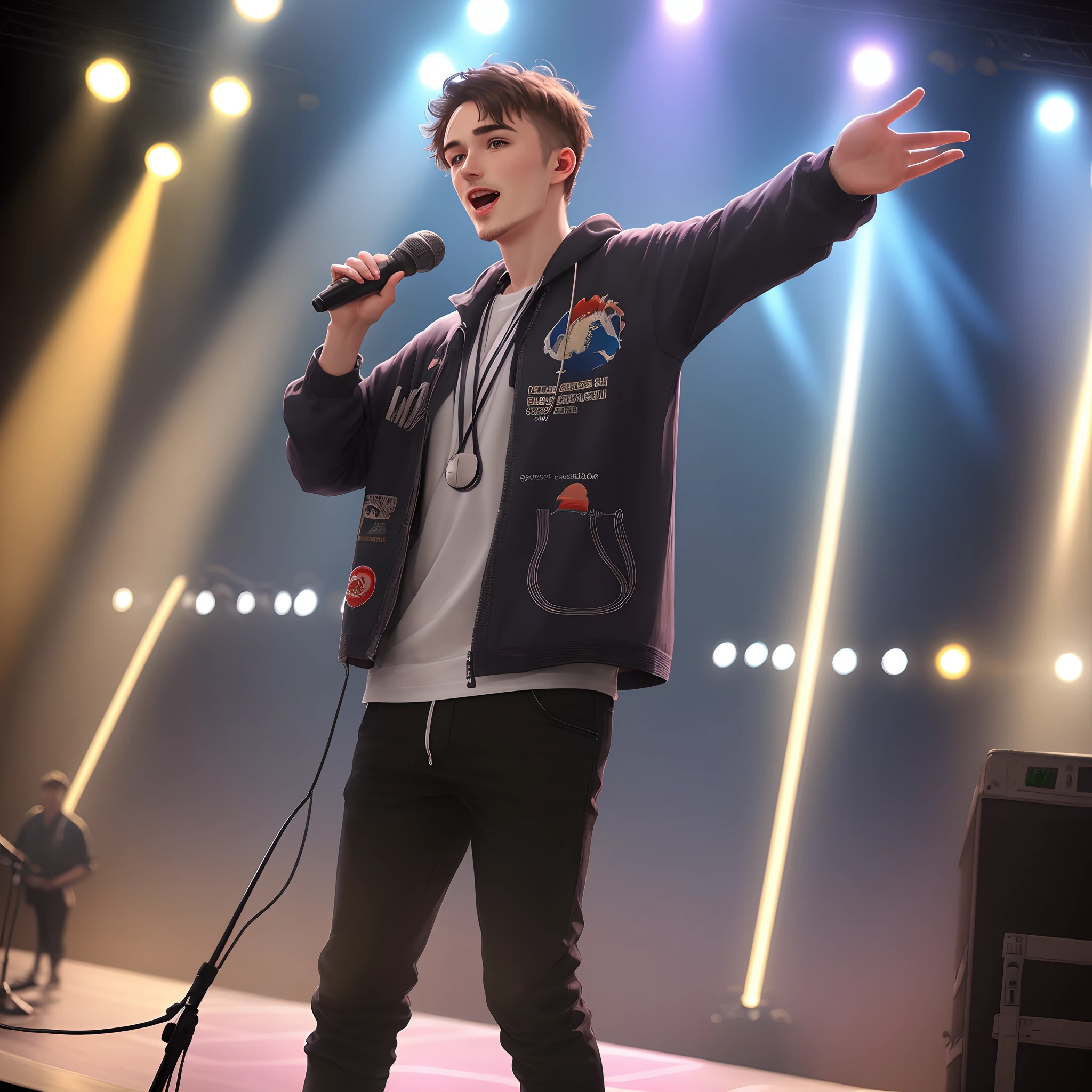 1 Man with European appearance, Beautiful with a microphone on stage tells a stand-up in light oversized clothes