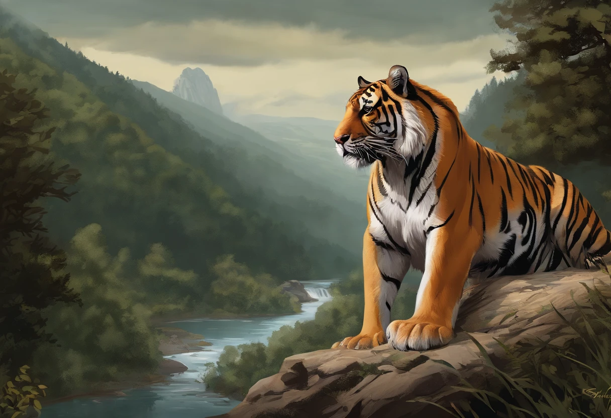 Lucas Bracey, Man hunting in the middle of the forest a ferocious tiger , 8k, Foto RAW, (pele altamente detalhada: 1.2), (exposta: 1.1), (Costas expostas: 1.5), , (Vista de cima para baixo:1.5), ((::Jae Lee e Joe Madureira estilo ::2.0 comix illustration style,Estilo Tatoon ,, (fundo bonito e claro:1.2),, fantastic paintings , ::Jason Fabok e estilo Yoji Shinkawa ::2.0 comix illustration style,Estilo Tatoon , Comic book style , (fundo bonito e claro:1.2),, fantastic paintings ,estilo grafite; master part, melhor qualidade, alta qualidade, extremamente detalhado CG unidade 8k papel de parede, scenecy, fotografia premiada, HDR, extremamente detalhado, trending on ArtStation, trending in cgsociety, intrincado, High detail, Arte por Midjourney Style::JKenneth Rocafort ESTILO ::2.9 (master part:1.2, melhor qualidade), (belos olhos finamente detalhados: 1.2),