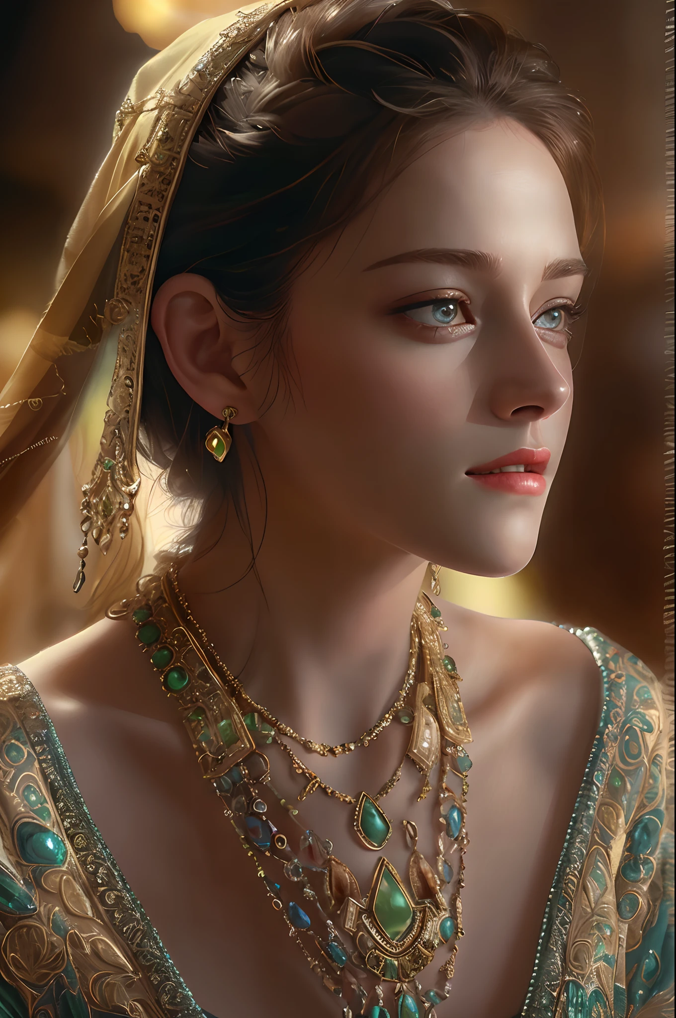 Best quality, Masterpiece,1girll, kristen stewart , The perfect Arabic dress, hair adornments, necklace, jewelry, Beautiful face, full bodyesbian, perfect thighs, Photorealistic, Edge lighting, bicolor lighting, (highdetailskin: 1.2), 8K Ultra HD, Digital SLR, Soft lighting, High quality, voluminetric lighting, Expressing the, HD, 8K, Bokeh, Realistic, hyperealistics