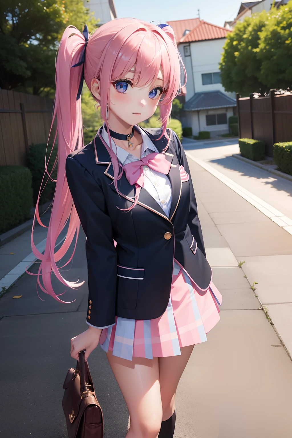 High school girl with beautiful eyes、High School Uniform、Dark blue blazer、Pink skirt、Pink ribbon、Heart-shaped choker、long hair with pink twin tails,,,,,,,,,,,,,,,,,,、Schools、独奏、gazing at viewer、school ground、lawn、rainbows、optic、。.。.。.。.。.。.。.。.。.。.。.。.。.。.。.。.。.。.。.3D、hight resolution、top-quality、full body Esbian、8K Character Concept、32K、pixiv、illustratio、 ultra-detailliert、hyperdetailed face、Megapixel、 Ultra High Definition HDR、Clair、Overdecoration、● S180 - Rainbow 5