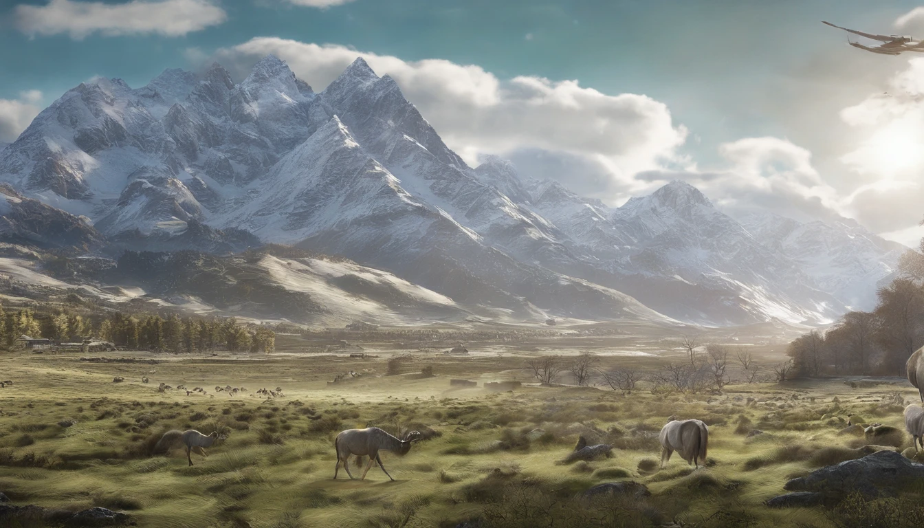 snow mountains,blue-sky,(Ultra-realistic scene 1.3)(Extreme Light and Shadow 1.3)(Aurora Tracking 1.3)Super real,cinematic Film still from,alps,(It covers a vast and tender green savannah1.3),(The proportion of mountains and grasslands is about 1:3)There are people traveling in the distance,The warm sun shines directly on the snow-capped mountains,