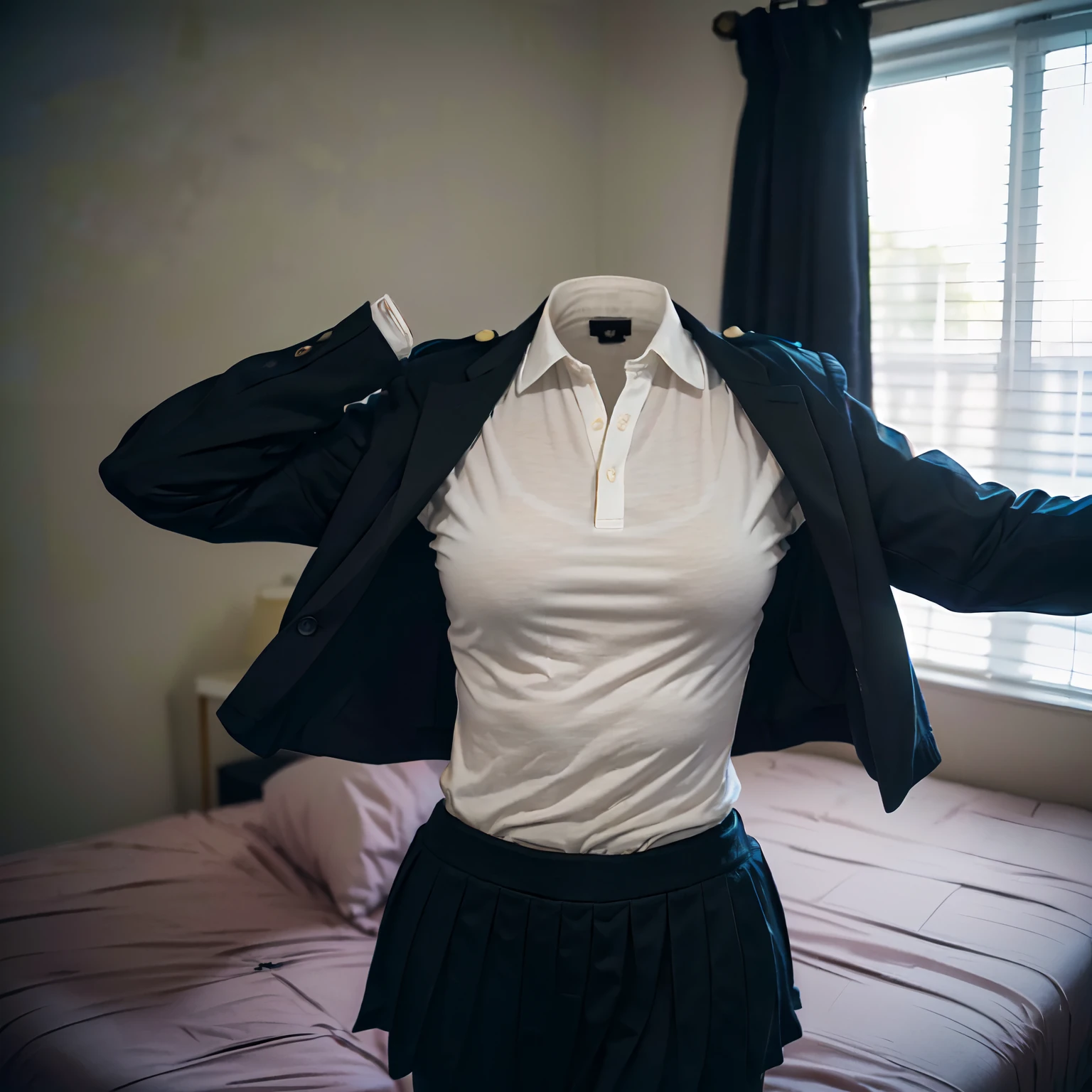 school uniform and leggings,((invisible, no humans:1.5, headless:1.5, handless, legless)), big breast, (close-up to breast), go to bed, on bed,
(8k, RAW photo, best quality, masterpiece:1.2), (realistic, photo-realistic:1.37),photon mapping, radiosity, ((Hasselblad photography)),physically-based rendering,