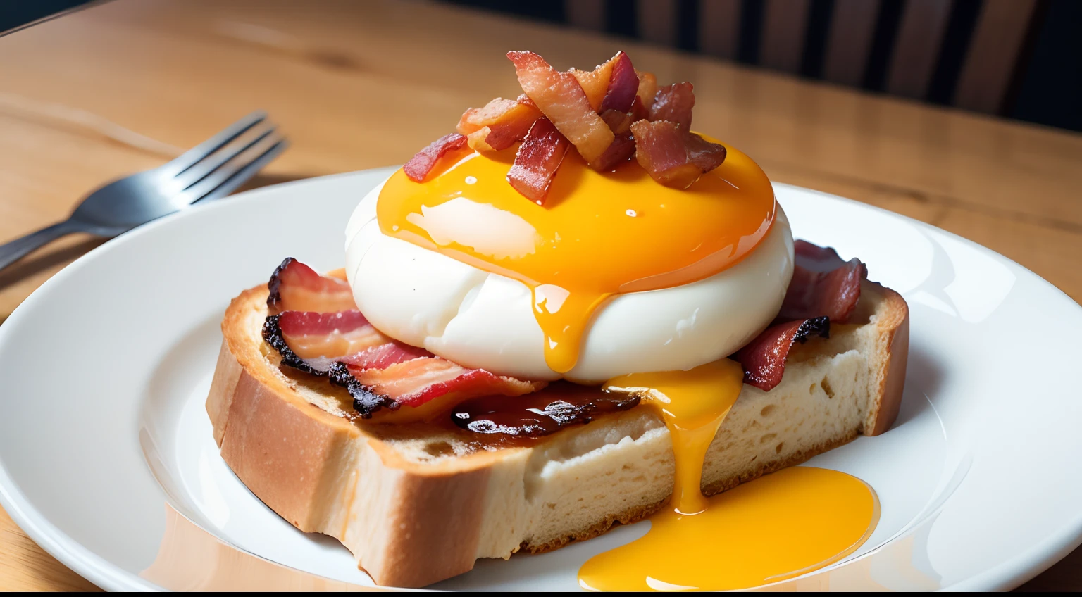 A dish with a Sunny Sideup, Toast and Bacon