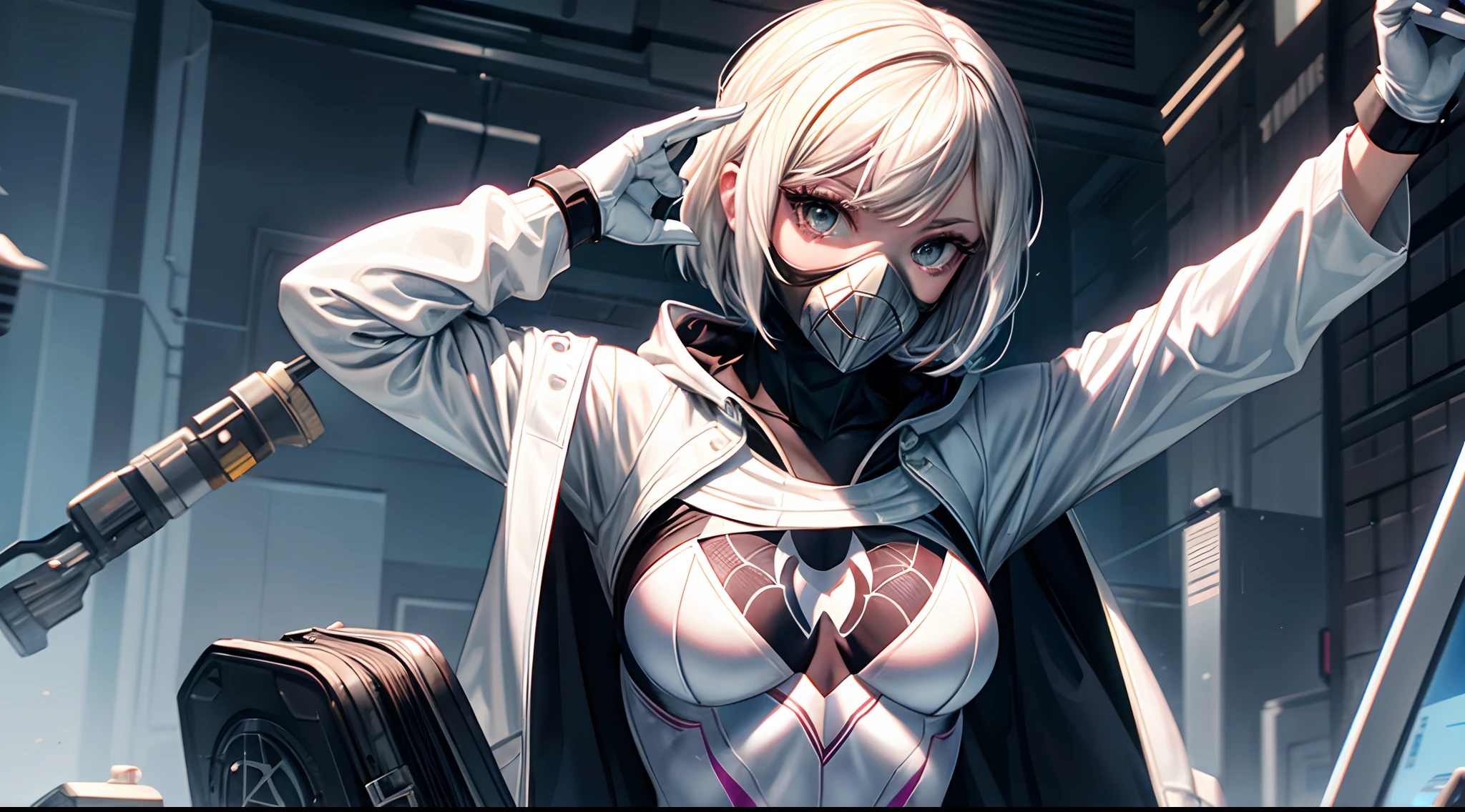 Spidergwen wearing gasmask , gasmask , no hoodie , masterpiece , white bra , white jacket , white eyes , white gloves , climbing pose