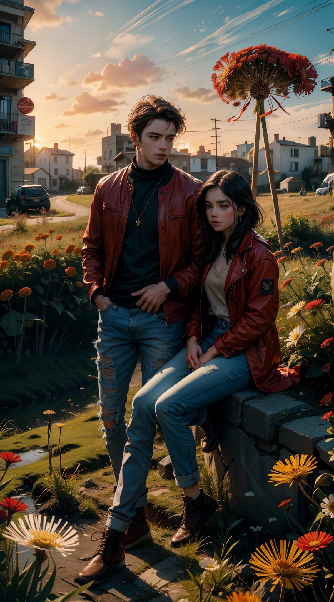 A man and a woman are sitting in a meadow of red flowers, sun sunset, Irish Man, Campo florescente, Dandelion floating in the wind, estilo romance adolescente, homem e mulher, flores vermelhas, homem de jaqueta de couro e causa jeans, Flying dandelion