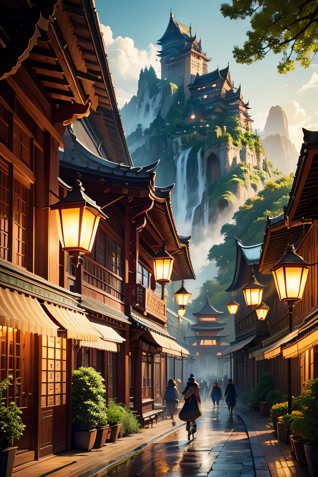 A magnificent city is nestled in the mountains, combining elements of ancient Chinese architecture, mystical fantasy, and mythical legends. The city is surrounded by lush greenery and flowing rivers, giving it an ethereal and tranquil ambiance. The streets are adorned with intricate wooden buildings, colorful tiled roofs, and delicate traditional lanterns hanging from every corner. 

In the heart of the city lies a majestic temple, its golden roofs glittering under the sunlight. The temple is decorated with ornate dragon carvings and vivid paintings depicting scenes from ancient legends. The temple serves as the center of spiritual enlightenment and cultivates the extraordinary powers of the immortals.

Walking through the bustling marketplaces, one can find stalls filled with various mystical artifacts, magical talismans, and exotic herbs. The aroma of incense lingers in the air, creating a sense of tranquility and mystical allure.

Amidst the crowd, there are skilled martial artists displaying their unparalleled combat techniques, showcasing the harmonious blend of martial arts and spiritual cultivation. The sound of swords clashing and the sight of colorful energy emanating from their movements captivate onlookers and highlight the profound connection between man and nature.

The city is inhabited by ancient beings and mythical creatures, such as dragons, phoenixes, and unicorns. These creatures coexist harmoniously with the human residents, adding a touch of enchantment to the already magical atmosphere of the city.

The surrounding mountains serve as a natural boundary, guarding the city and providing a backdrop of breathtaking landscapes. Towering peaks, cascading waterfalls, and picturesque rivers contribute to the serene and picturesque environment, making it a true paradise for those who seek both spiritual enlightenment and natural beauty.

The overall image quality of the artwork should be of the highest standards, with a focus on ultra-detailed and photo