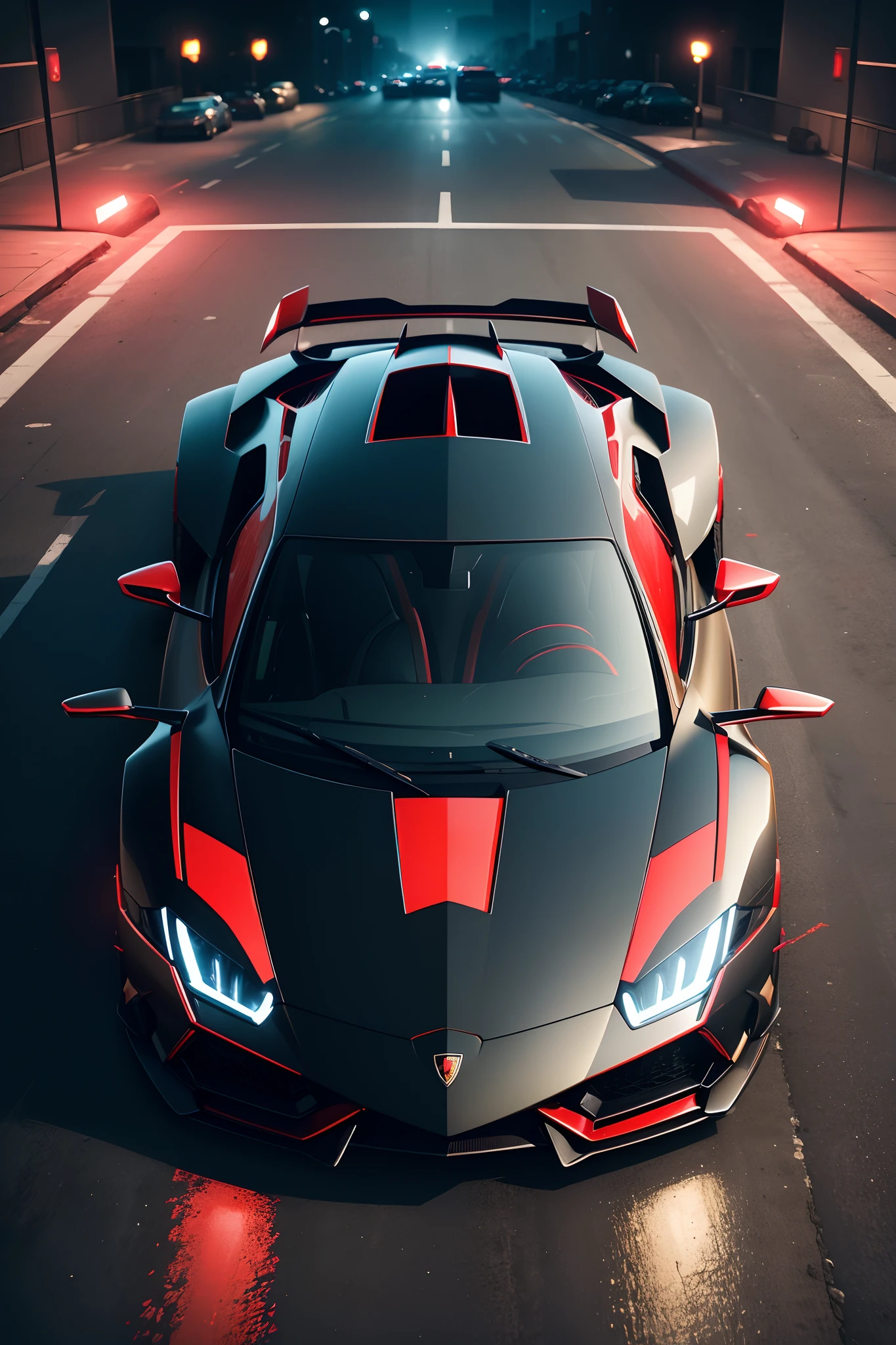 (best quality,4k,highres,ultra-realistic rendering:1.2),red and black,Lamborghini with extreme details,city night lights background,shiny body,dynamic design,striking headlights and taillights,glossy paint,fierce and powerful appearance,luxurious and sporty look,reflecting city lights,sharp curves and edges,sleek and aerodynamic silhouette,high-performance supercar,vibrant and vivid colors,stunning visual impact