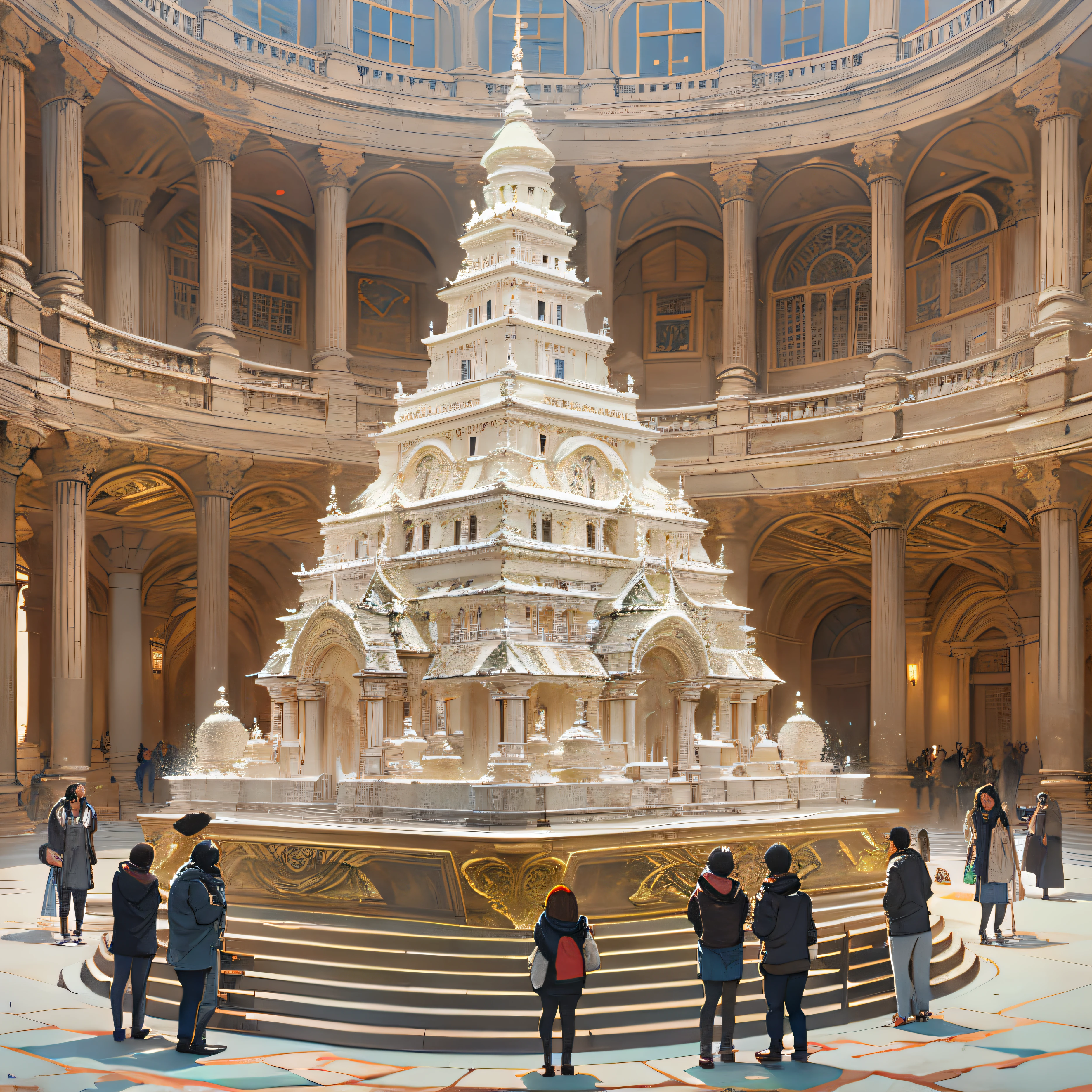 In a livestream room, the audience stares at a massive sugar cube that resembles an ancient architectural structure, like a pavilion or a tower, ,in the style of the stars art group xing xing, 32k, best quality, masterpiece, super detail, high details