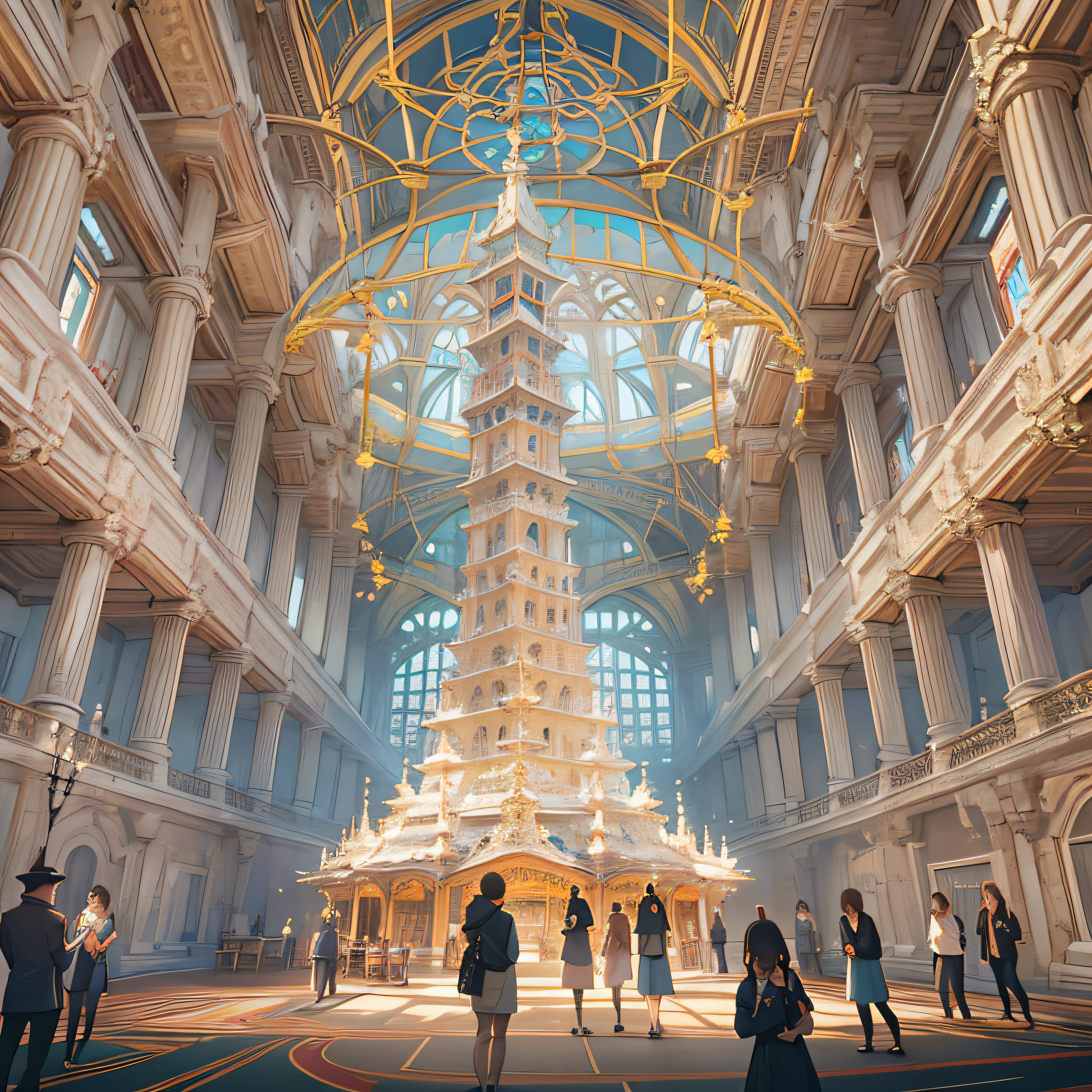 In a livestream room, the audience stares at a massive sugar cube that resembles an ancient architectural structure, like a pavilion or a tower, ,in the style of the stars art group xing xing, 32k, best quality, masterpiece, super detail, high details
