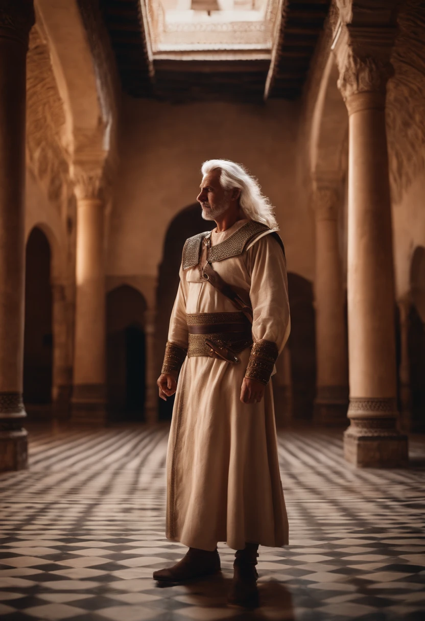 A white-haired brown man dressed as a warrior standing in the palaces of Andalusia