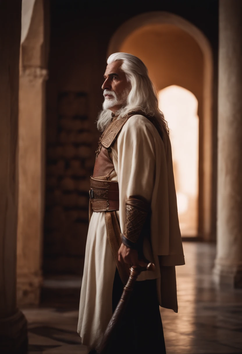 A white-haired brown man dressed as a warrior standing in the palaces of Andalusia