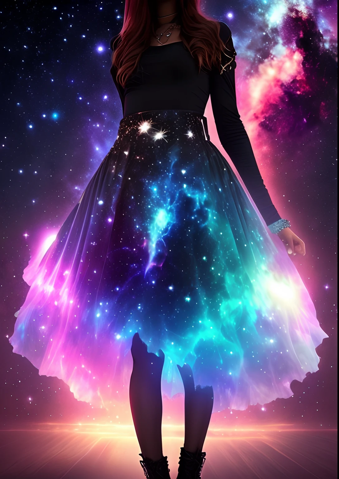 dreamlikeart, galaxy, outer space, nebula, star, [cyberpunked] Skirt from the stars (star:1.5),