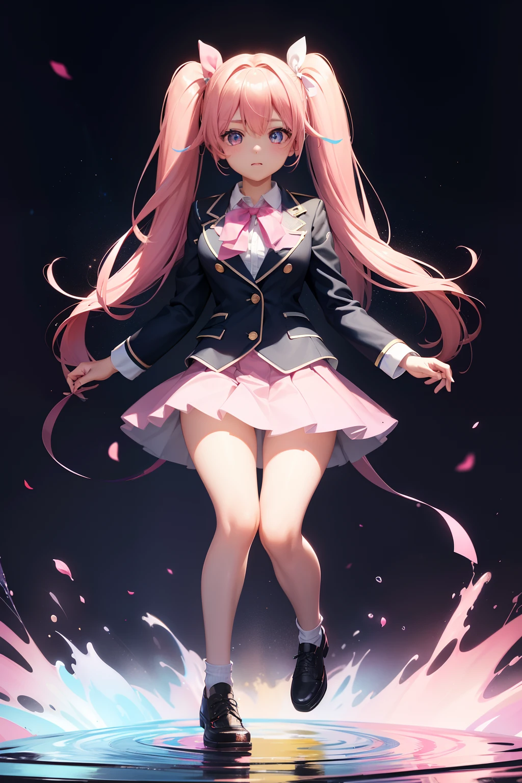 High school girl with beautiful eyes、High School Uniform、Dark blue blazer、Pink skirt、Pink ribbon、Heart-shaped choker、long hair with pink twin tails,,,,,,,,,,,,,,,,,,,、Schools、独奏、gazing at viewer、school ground、lawn、rainbows、optic、。.。.。.。.。.。.。.。.。.。.。.。.。.。.。.。.。.。.。.。.3D、hight resolution、top-quality、full body Esbian、8K Character Concept、32K、pixiv、illustratio、 ultra-detailliert、hyperdetailed face、Megapixel、 Ultra High Definition HDR、Clair、Overdecoration、● S180 - Rainbow 5