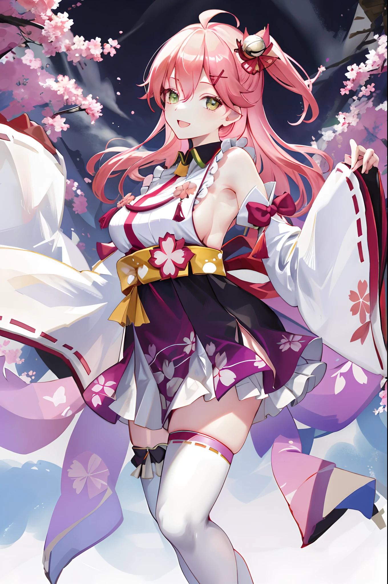 masterpiece, best quality, highres, miko1, sakura_miko, 1girl, green eyes, solo, ahoge, x_hair_ornament, pink_hair, floral print, hairclip, (sideboob:1.4), hair_bell, floral print, long_hair, hair between eyes, one side up, white thighhighs, asymmetrical legwear, wide sleeves, open_mouth,happy,close_eyes, smile,dynamic_posing,rising_leg,plump,apart_legs,(overly_long_sleeves:1.1),(beautiful_fingers),sleeves_past_wrists,hands_hidden_sleeves