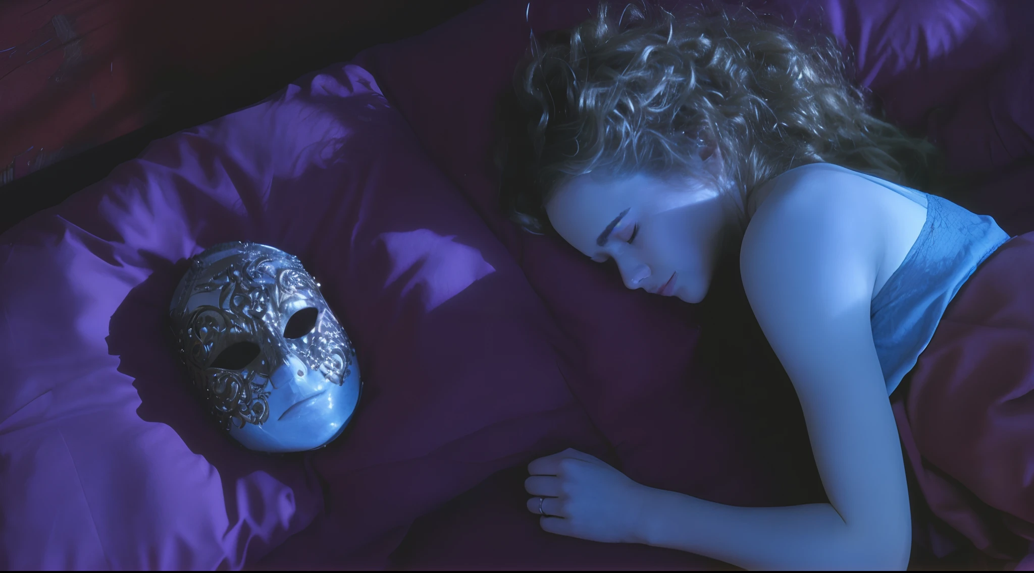 Young JENNIFER CONNELLY laying on a bed with a mask on it, in eyes wide shut (1999), the masks come off at night, movie still of a tired, JENNIFER CONNELLY in repose, the mask covers her entire face, in this ominous scene, film shot, perfectly lit. movie still, movie screencap, sleeping beauty, sleeping