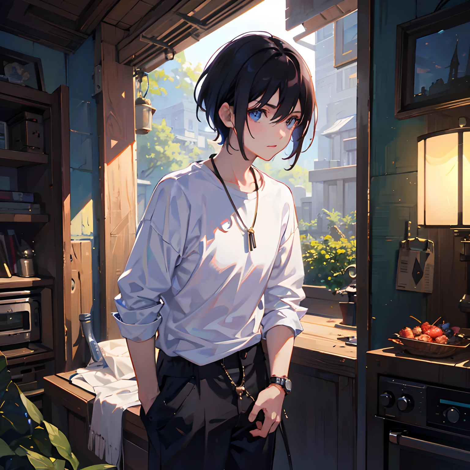 1boy, apple, bag, bangs, berry, black hair, black shirt, blue eyes, hair between eyes, jewelry, leaf, looking at viewer, male focus, necklace, pants, shirt, solo, watch, white pants, wristwatch, messy hair, trending on artstation, 8k resolution, highly detailed, anatomically correct, sharp image, digital painting, concept art, trending on pixiv, style of makoto shinkai,