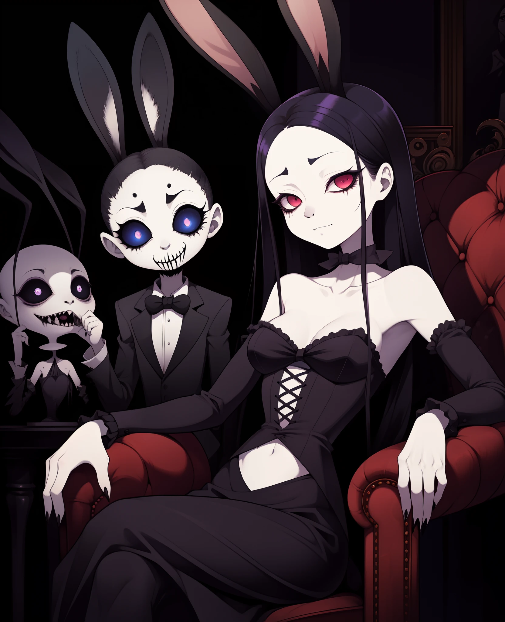 A rabbit in a top hat sits on a chair, in the style of nightmarish creatures.  In the style of Adrian Ghenie, Esao Andrews, Jenny Saville, Edward Hopper, surrealism, Dark Art by James Jean, Takato Yamamoto, Inkpunk minimalism.  In Tim Burton style.  Addams Family style.  In the Corpse Bride style.