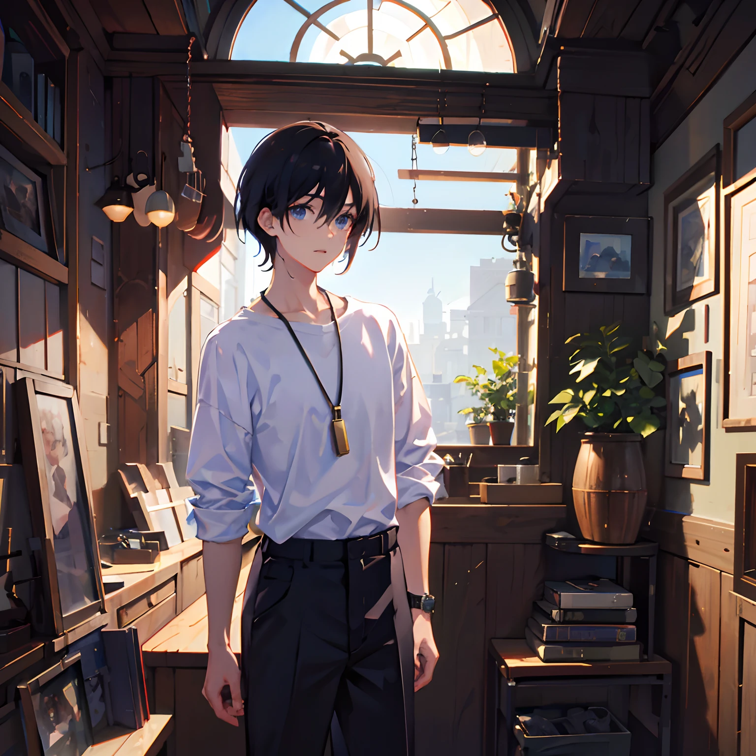 1boy, apple, bag, bangs, berry, black hair, black shirt, blue eyes, hair between eyes, jewelry, leaf, looking at viewer, male focus, necklace, pants, shirt, solo, watch, white pants, wristwatch, messy hair, trending on artstation, 8k resolution, highly detailed, anatomically correct, sharp image, digital painting, concept art, trending on pixiv, style of makoto shinkai,