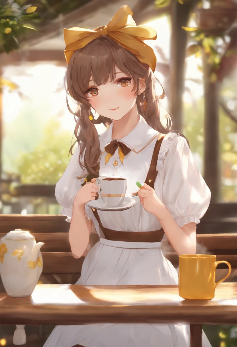 (stable_diffusion_prompt) beautiful detailed brown bangs, large yellow eyes, white shirt with sleeves, overalls and skirt, white beads on the neck, white bow on the head, sly smile, holding a cup of coffee, (best quality, vivid colors), (portrait, anime)