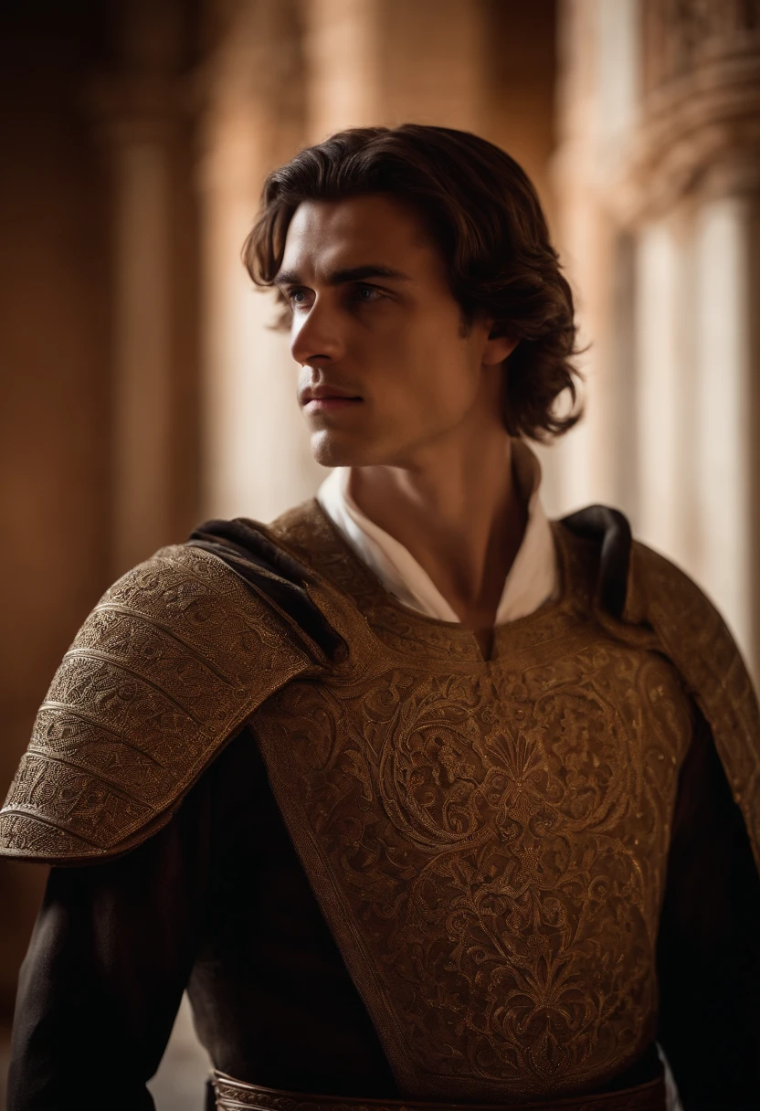 A strong, brown-haired young man with white skin dressed as a warrior standing in the palaces of Andalusia