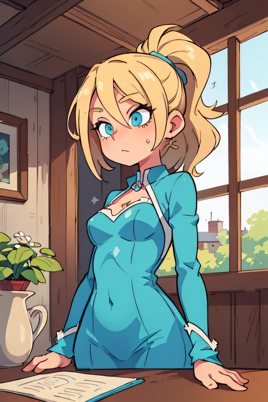 ((beste-Qualit, tmasterpiece)), a 1girl, blonde woman, Cyan eyes, gown, barn