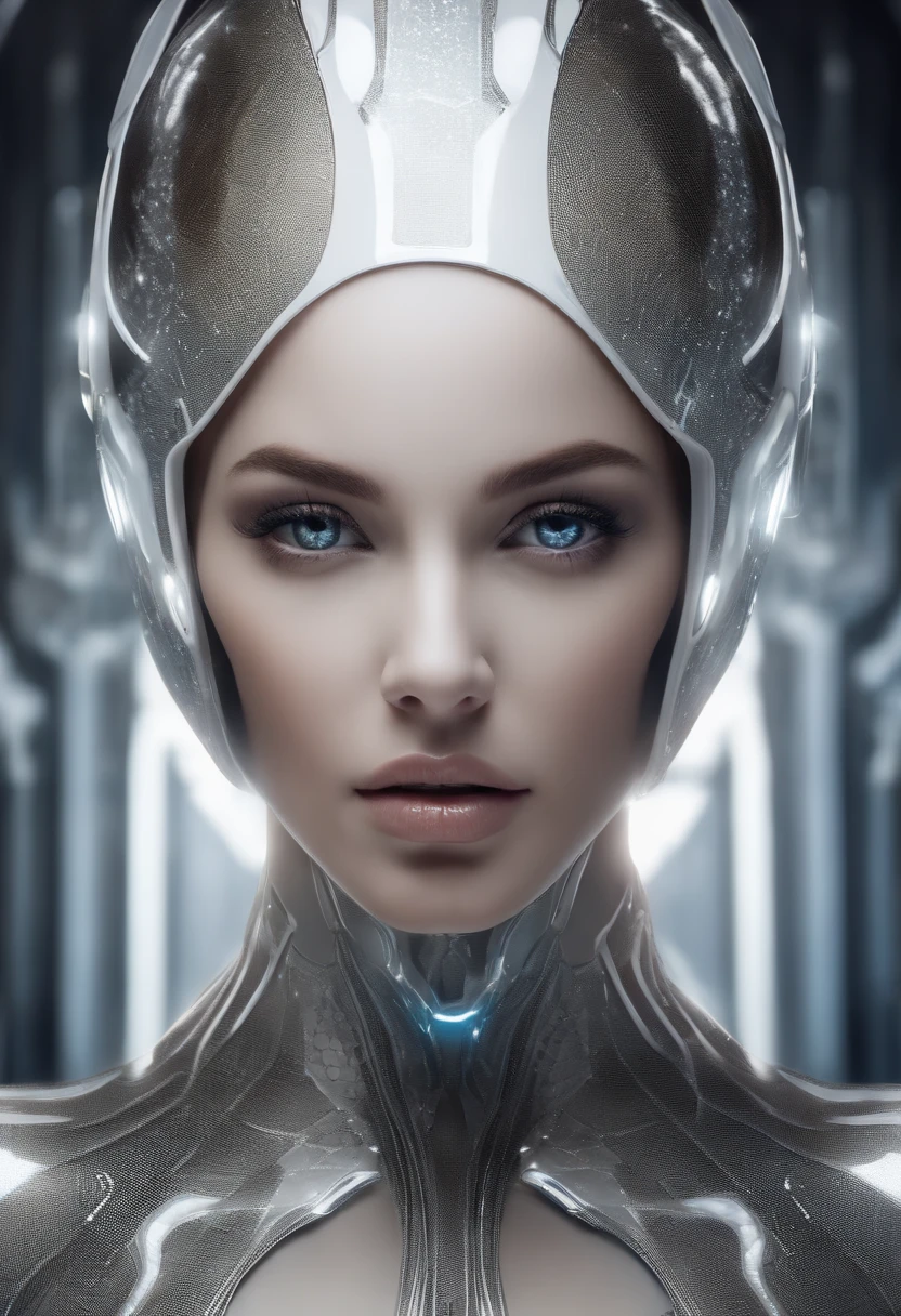 A beautiful android woman inherited in advanced white suit, olhos claros brilhantes, Biomechanicals, estranho, assustador, Pesadelo, cores muito brilhantes, light particles, com luz brilhante, Mshiff, Arte do papel de parede, Papel de parede UHD