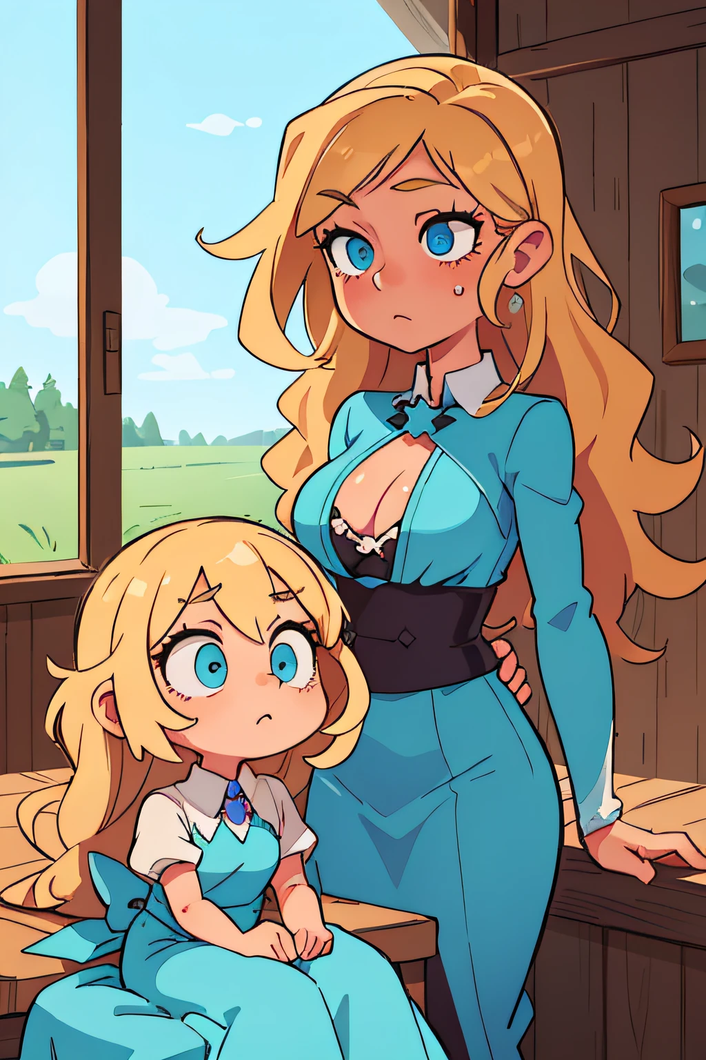 ((beste-Qualit, tmasterpiece)), a 1girl, blonde woman, Cyan eyes, gown, barn