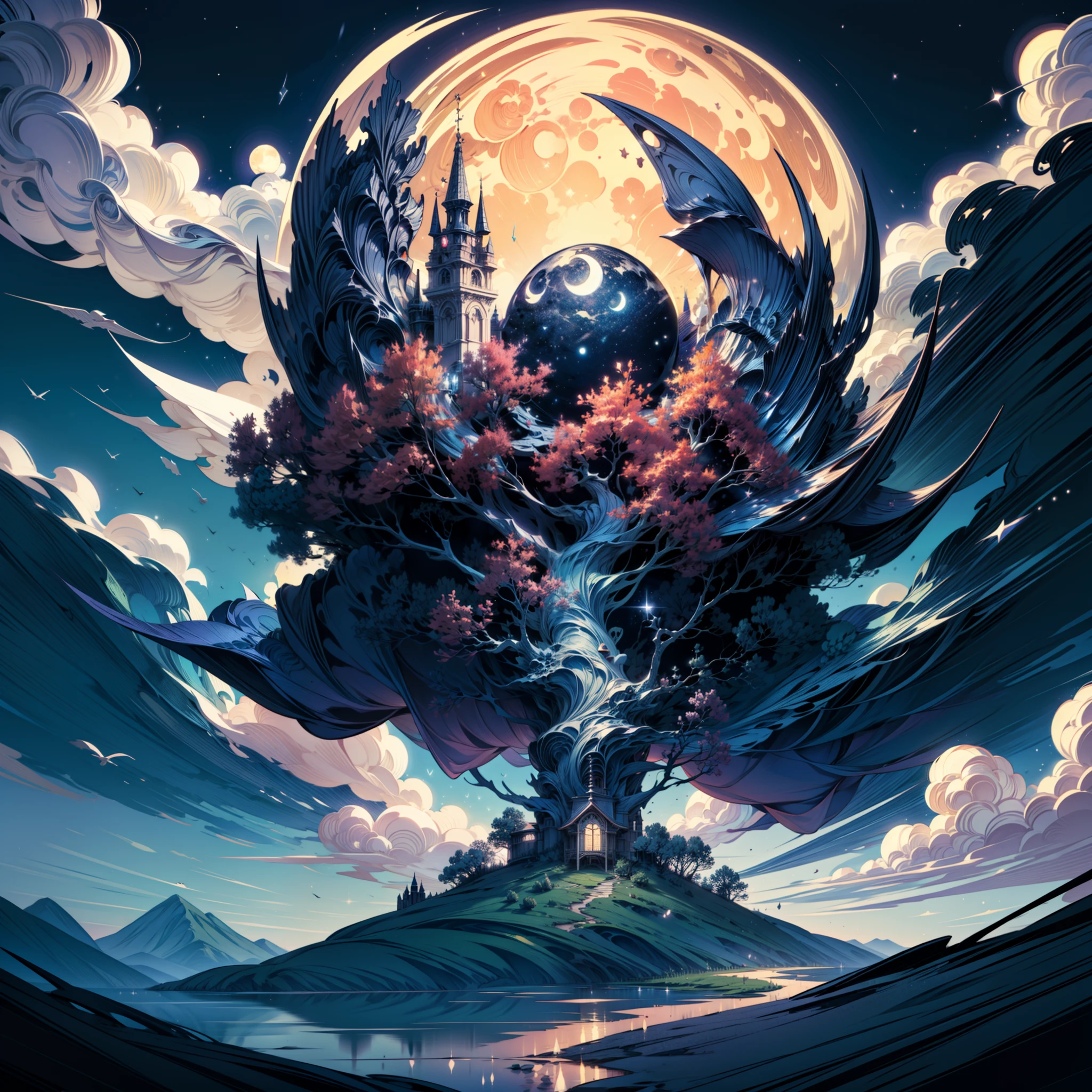 (Paper cut art style，)(Best picture quality, 4k,8k, high quality, masterpiece :1.2), super detail, Starry night view with moon and clouds in one frame, baroque painting. star lit sky, calm evening. Digital illustration, detailed dreamscape, stary night painting, dreamy night, dreamlike illustration, Stars and paisley fill the sky, The moon and stars, moonlit starry sky environment, magic fantasy highly detailed, dreamy and detailed, big moon and stars in the sky
