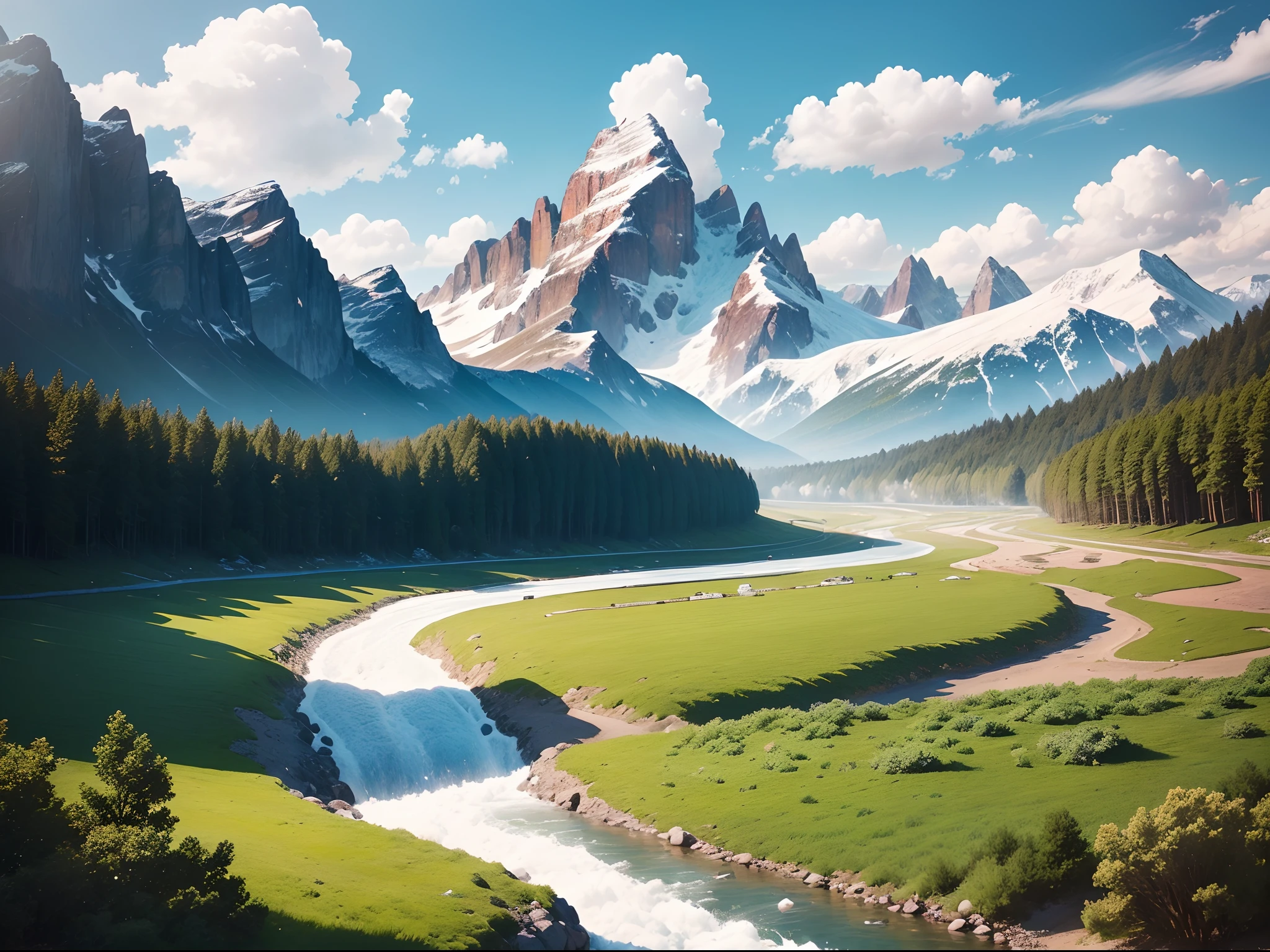 (Under the blue sky, the snowy mountains are covered with snow,In front of the snow-capped mountains is the Green Valley, vibrant,A meandering river is in the middle of the portrait, green trees, Meadows on both sides of the river,A dozen patches of pink daisies on the grass,It is clearly visible under the lens, Clear petals, log cabin,Comic style,Heads-up lens, 超高分辨率, 1080p, Photographic lenses, Detailed in-depth description)Comic style