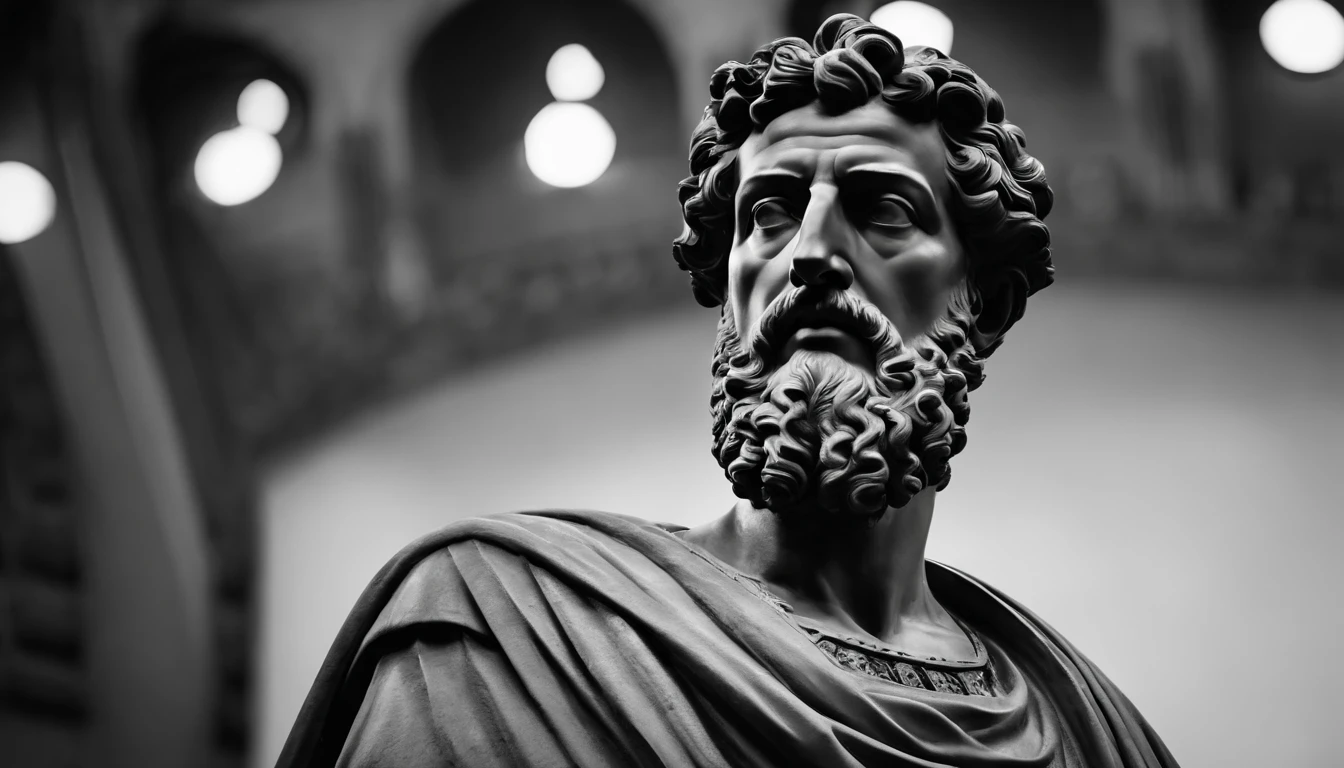 a portrait statue of the stoic Marcus Aurelius in black and white 4K,Face de lado, papel de parede super realista