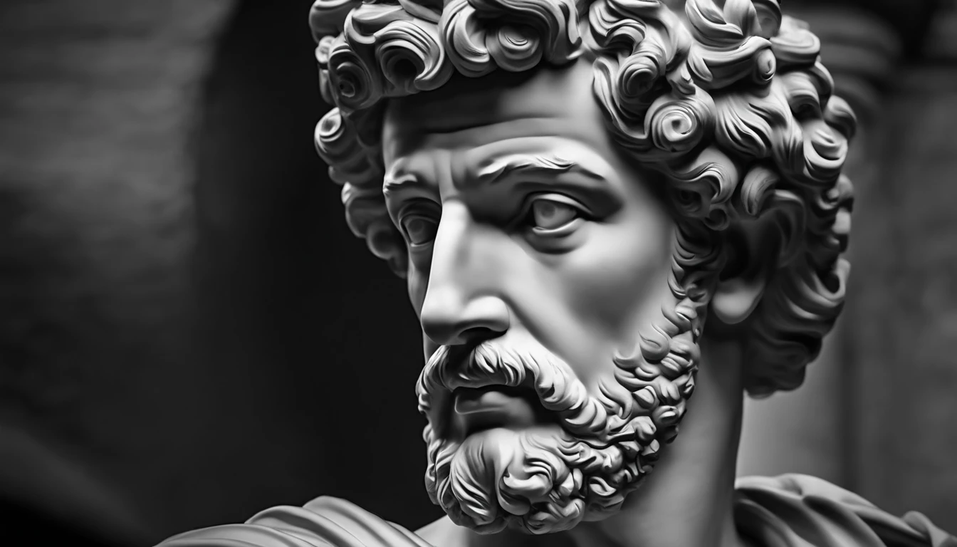 a portrait statue of the stoic Marcus Aurelius in black and white 4K,Face de lado, papel de parede super realista