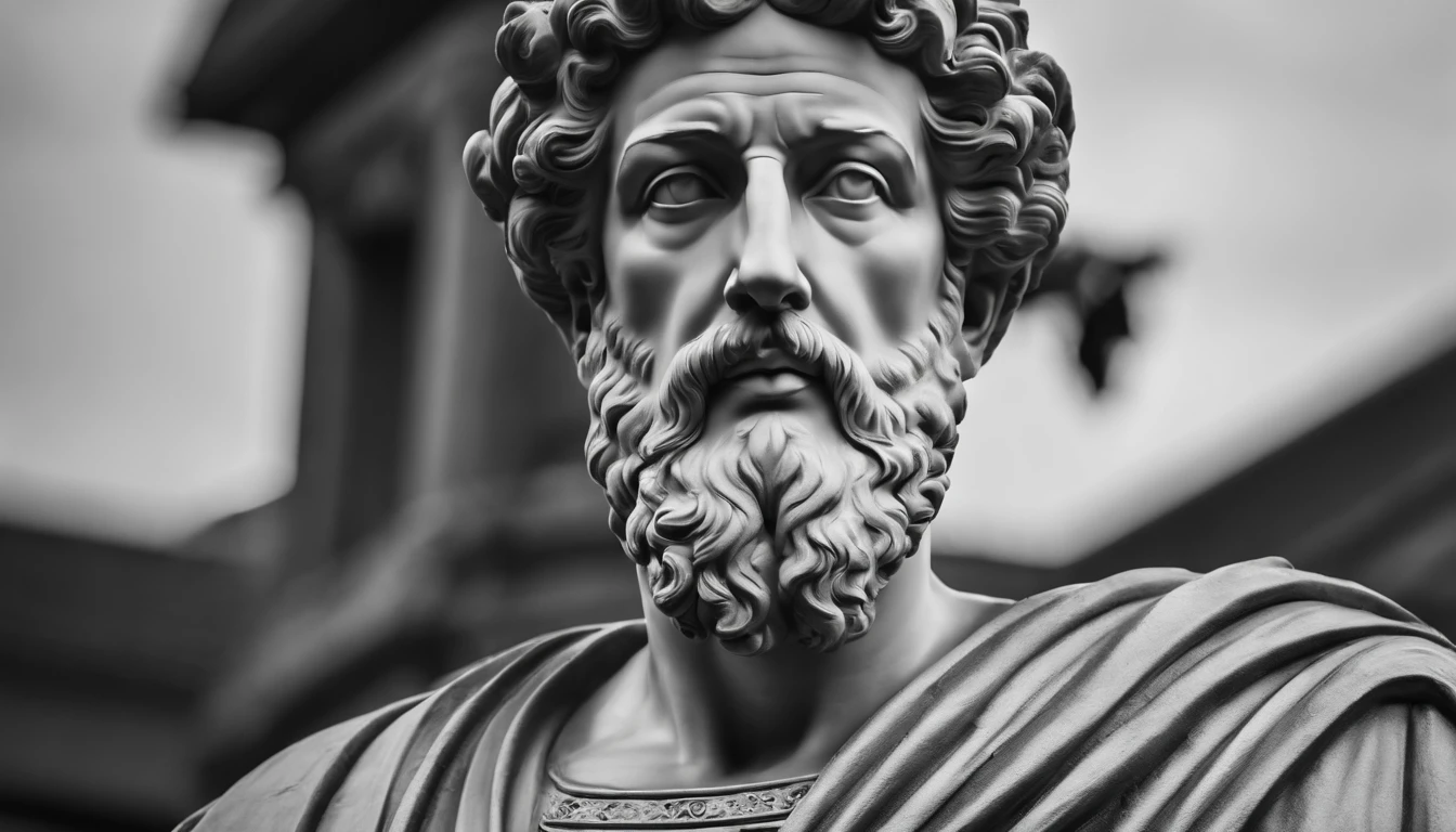 a portrait statue of the stoic Marcus Aurelius in black and white 4K,Face de lado, papel de parede super realista
