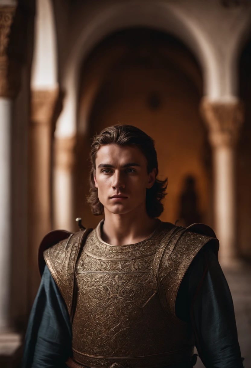 strong, A brown-haired white-skinned young man dressed as a warrior standing in the palaces of Andalusia looking forward