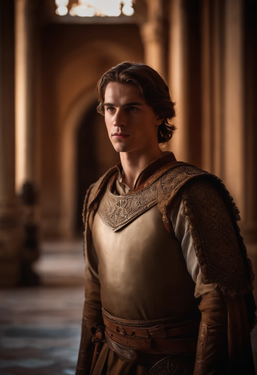 strong, A brown-haired white-skinned young man dressed as a warrior standing in the palaces of Andalusia looking forward