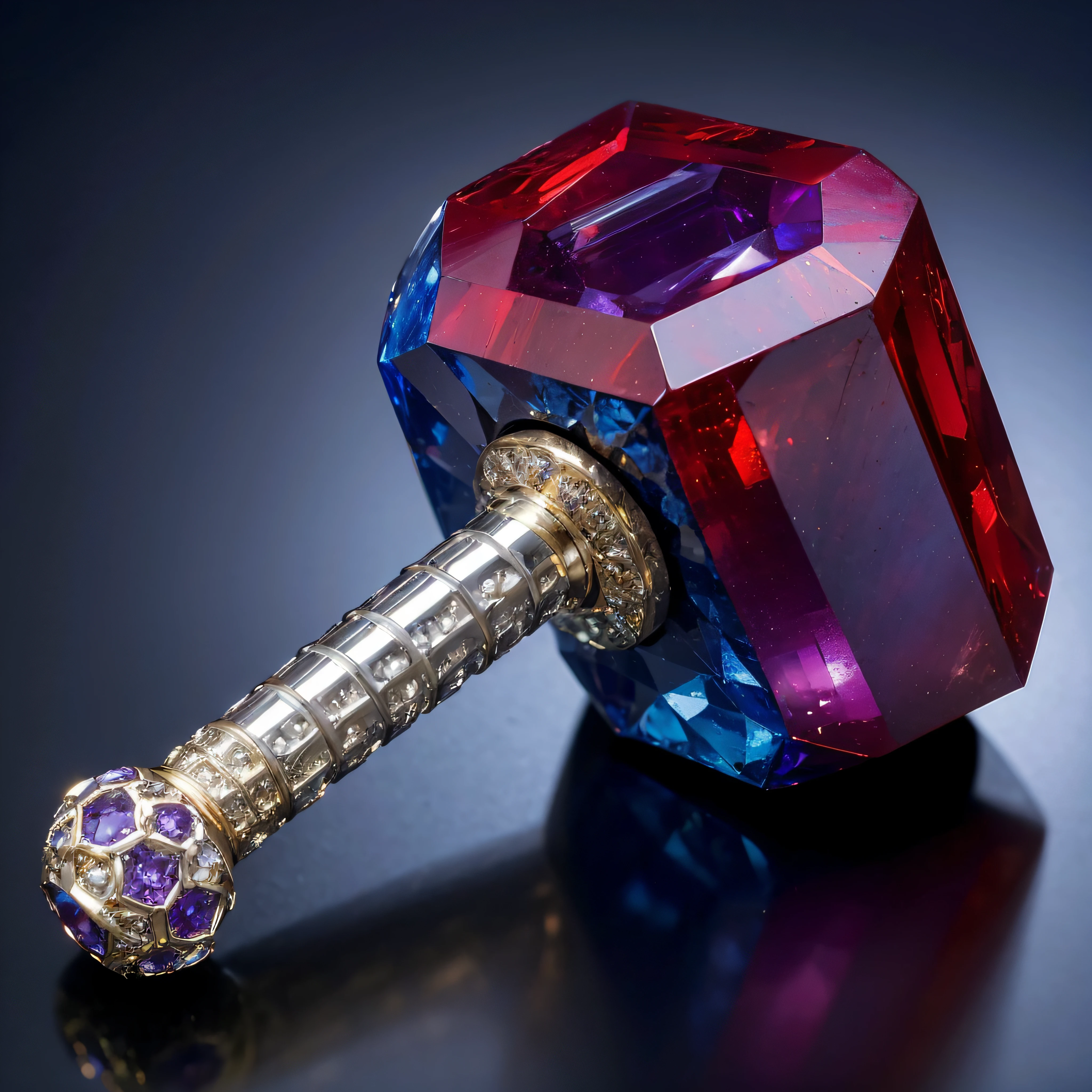 Visualize a majestic and colossal hammer, where the head of the hammer is intricately crafted from a mosaic of precious gemstones.