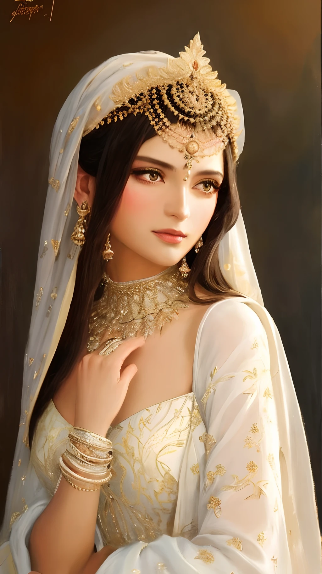 ModelShoot style, (Extremely detailed Cg Unity 8K wallpaper), full-shot body photo of the most beautiful artwork in the world, (arabian princess) With armor, Delicate silk clothes, Arabic silk turban, magic, An Arab village,The background is Persian details, hdr, Realist paintings by Ed Brinkie, atey ghailan, by Ghibli Studio, author:Jeremy Mann, Greg Manchess, Antonio Moro, trending on artstationh, trending on CGSociety, Intricate, High detail, Sharp focus, Dramatic, photorealistic painting art by midjourney and greg rutkowski