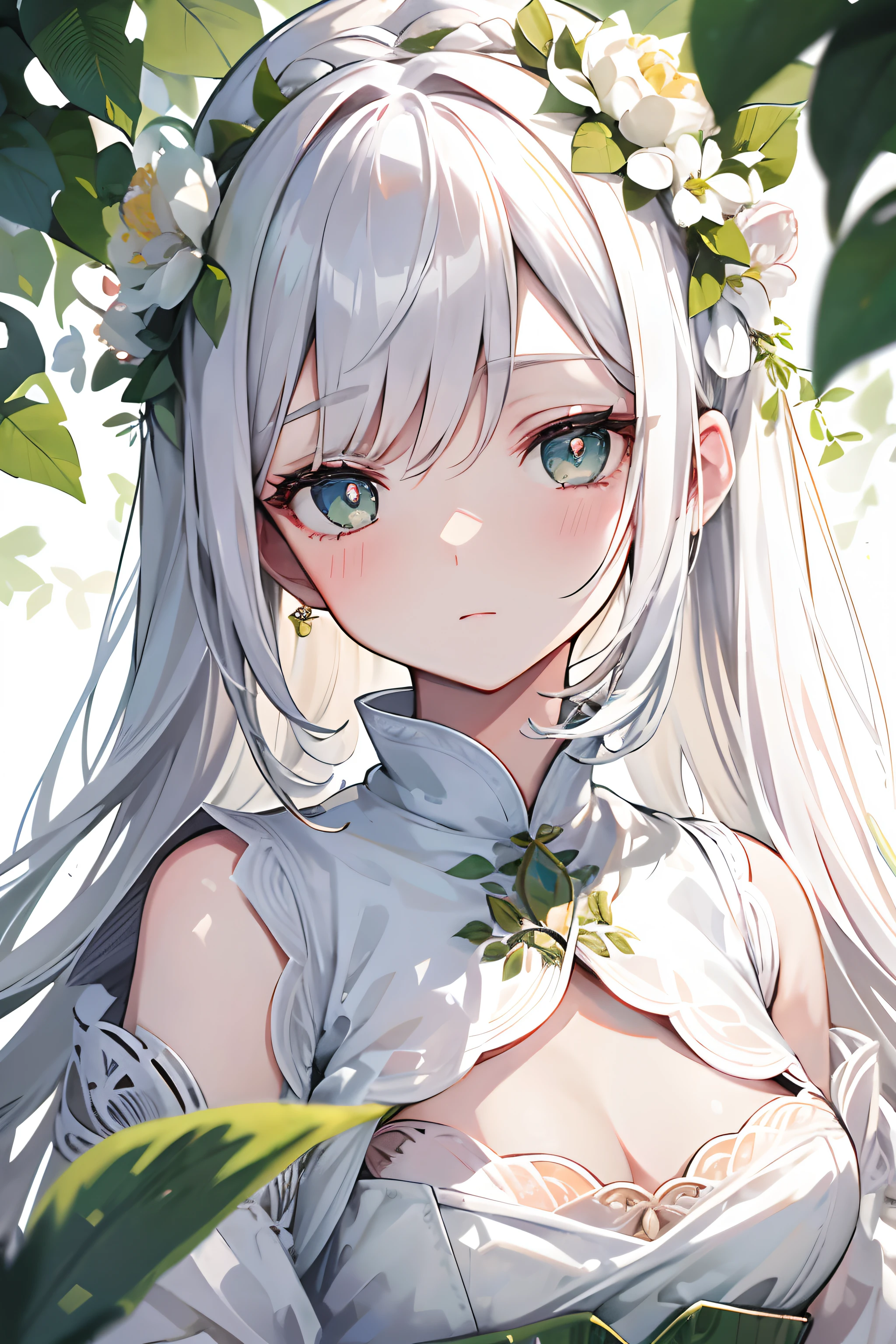 Beauty God，mediating，Blush，White color hair，Dark green pupils，Plain white long dress,Green leaves and white flower heads，detail in face，The cleavage protrudes，Small breasts，a sense of atmosphere，sideface