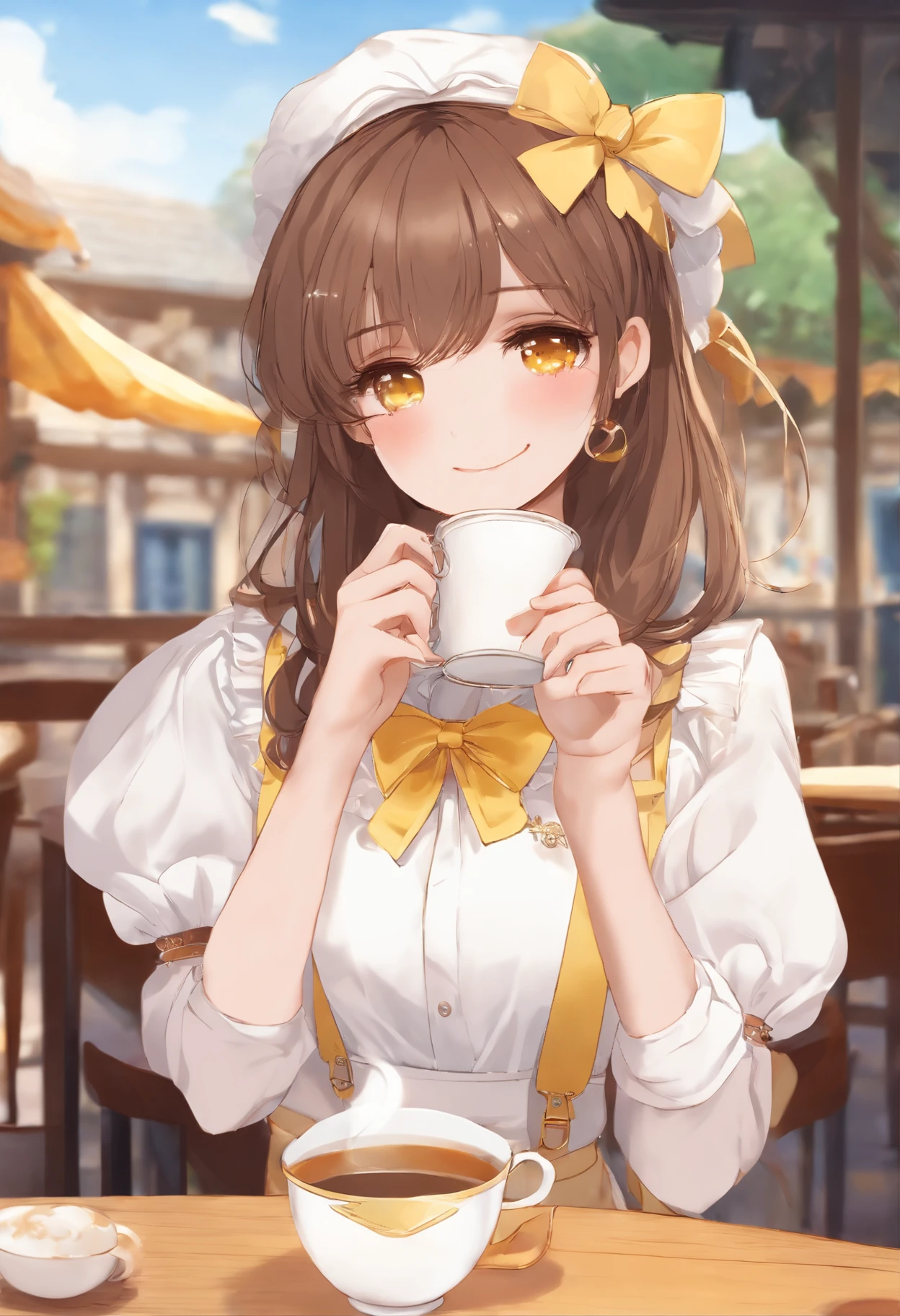 (stable_diffusion_prompt) beautiful detailed brown bangs, large yellow eyes, white shirt with sleeves, overalls and skirt, white beads on the neck, white bow on the head, sly smile, holding a cup of coffee, (best quality, vivid colors), (portrait, anime)