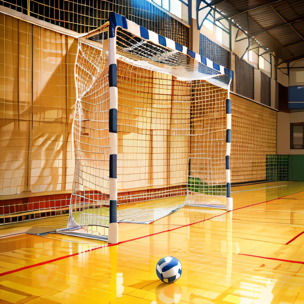 there is a soccer ball sitting on the floor in front of a goal, indoor shot, indoor, netting, indoor setting, wide portrait, the photo shows a large, volleyball net, indoor picture, a wooden, recreation, pitch darkness around the post, sports setting, ball, indoor scene, sport, shutterstock, alamy stock photo, volley court background