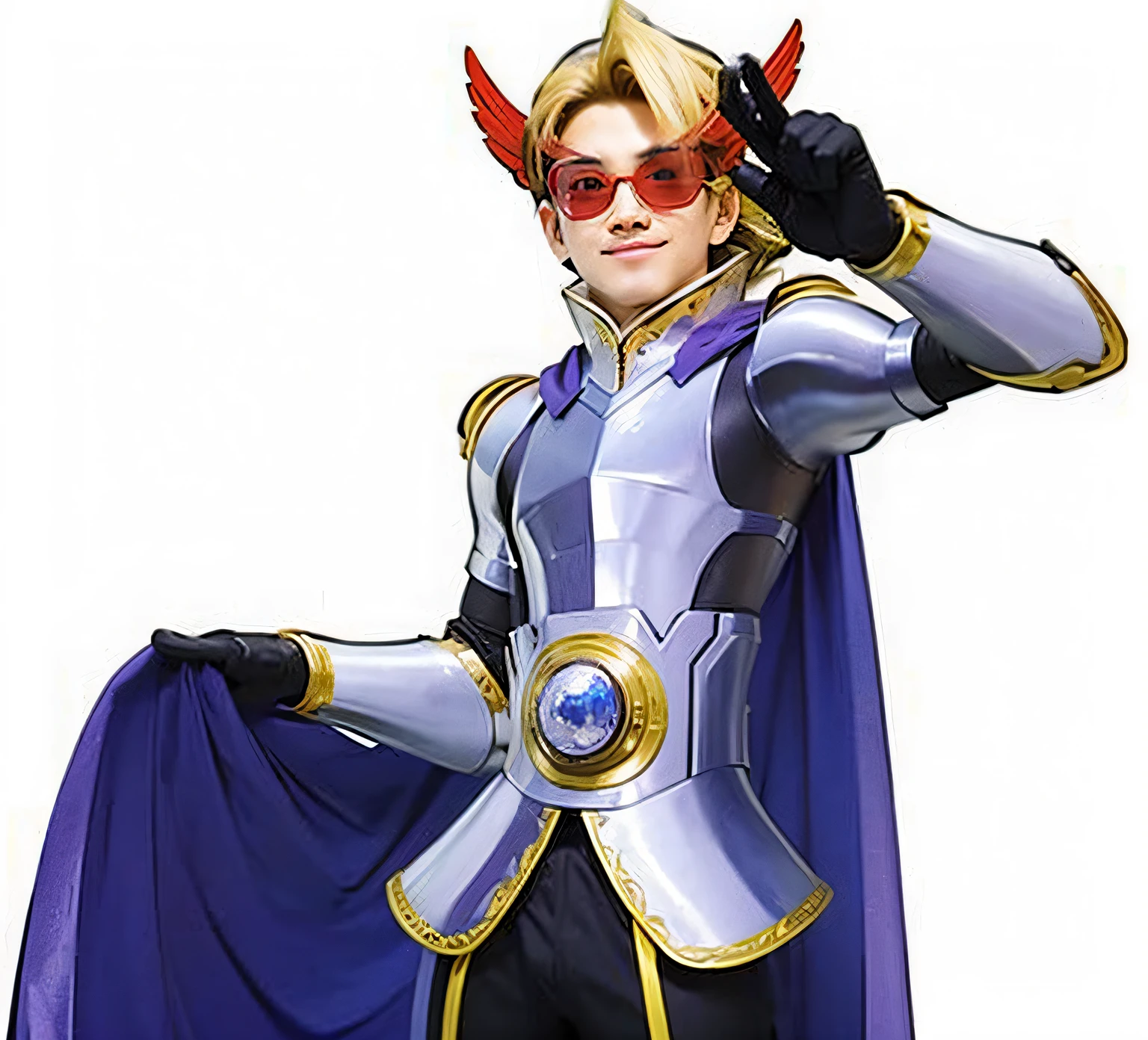A young asian man smiling and wearing a steel armor with purple cape and red glasses shaped like wing, ultra realistic, high quality, detailed face