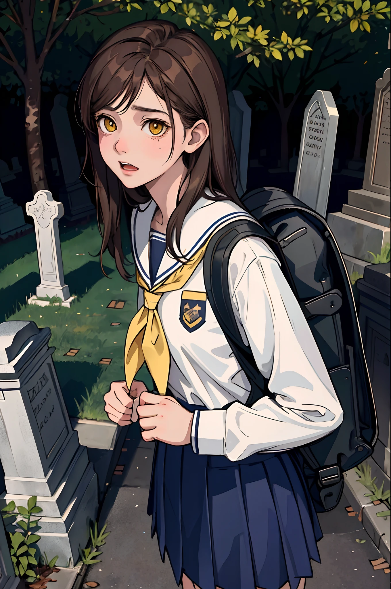A very young and cute school girl standing in a cemetery, brown hair, yellow eyes, wearing highly detailed school uniform and backpack, uncomfortable and terrified facing expression, dark chilling horror film elements, highly detailed cemetery, highly detailed background, perfect masterpiece, high quality, high resolution