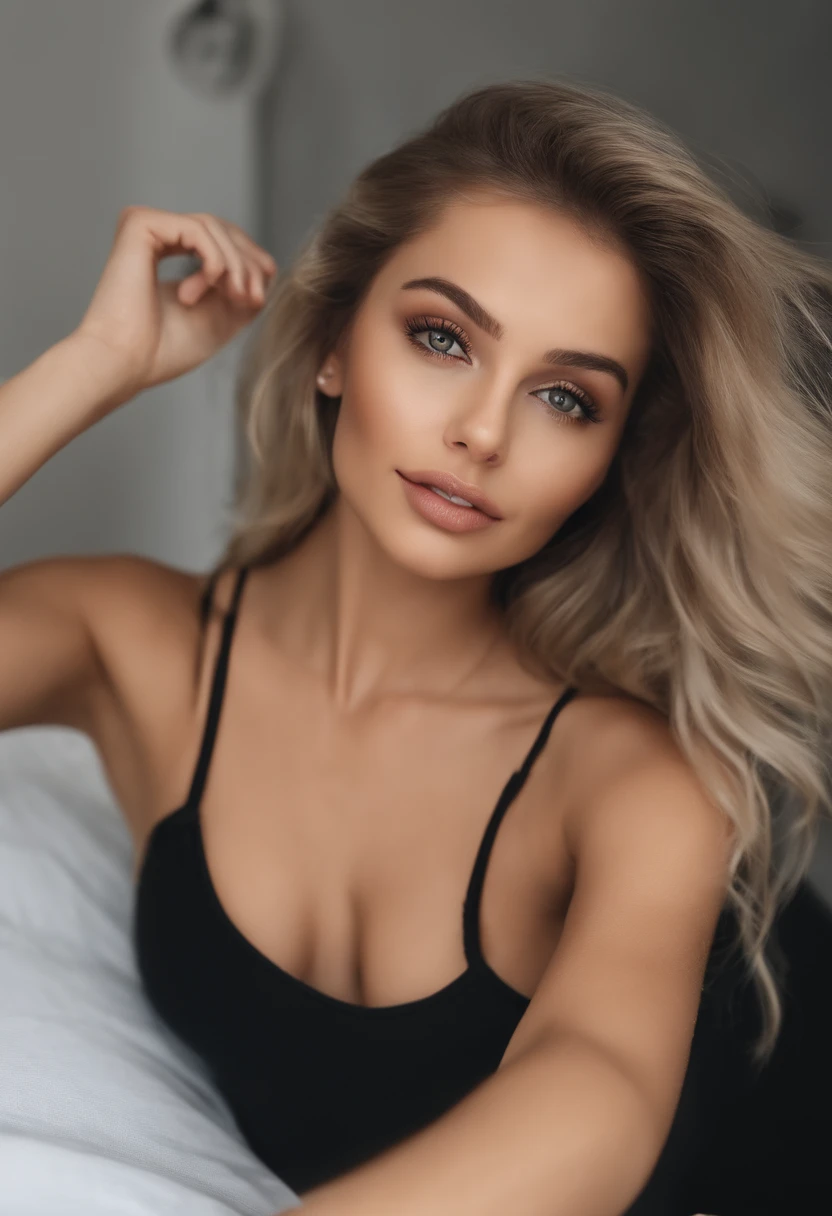 Woman with matching tank top and panties, Sexy girl with blue eyes, Portrait Sophie Mudd, Portrait of Corina Koff, blonde hair and large eyes, selfie of a young woman, Ōne Makeup, natural make up, looks directly at camera, Artgram Face, Dezentes Makeup, Amazing full-body photos, in room, large full breasts, Blonde