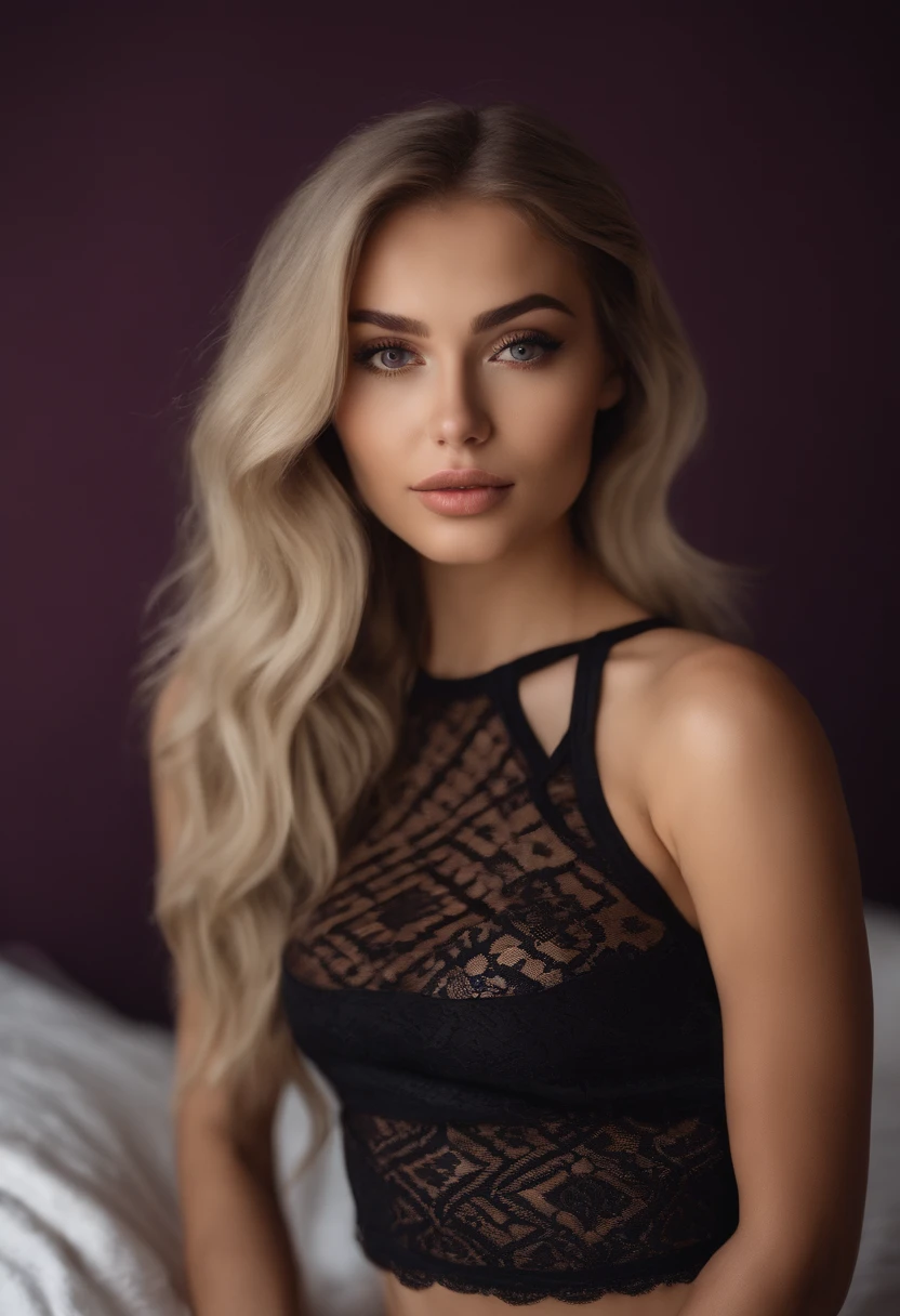seksowna kobieta, 21, Brecki Hill-like long light blonde hair, blue big eyes, Selfie in bed in sexy mesh lingerie with visible nipples photo, robione iphone 14pro 8K