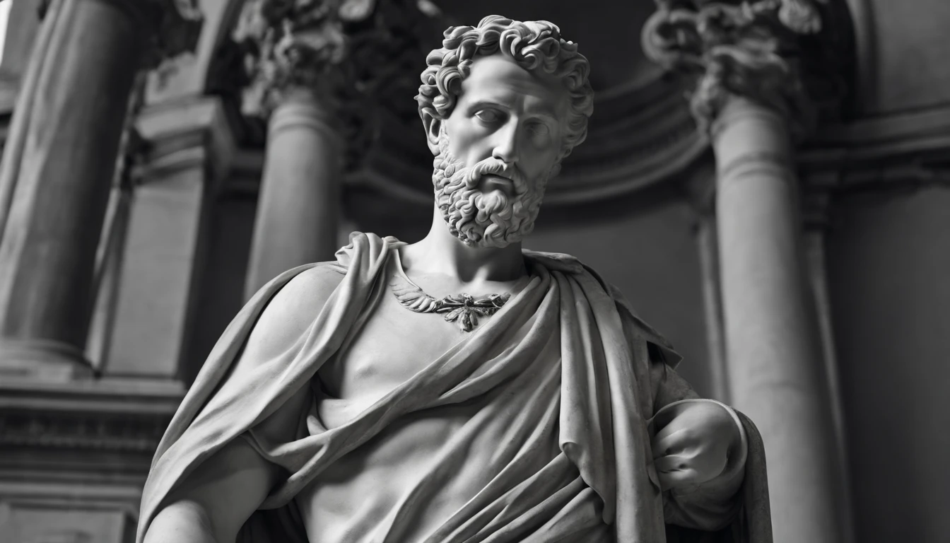 a statue of the stoic Marcus Aurelius in black and white 4K,Face de lado, corpo forte, strong upper arms,  papel de parede super realista