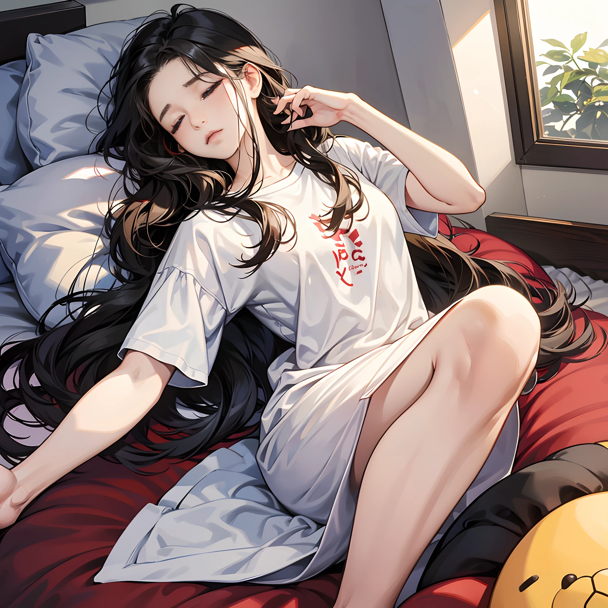 (Best Quality,4K,High resolution), 18yo woman, Red highlights on black hair, Long hair, Straight hair, Cool Woman, Cold eyes,Sleepy face , Comical appearance,Delicately drawn illustrations down to the smallest detail, Realistic portrayal,, Own bedroom,in a house,oversize tshirt,letter T-shirt,Weakness System,Big stuffed animal,sleep,Cute room,on the beds , sleepy,Let's sleep,Bad sleeping