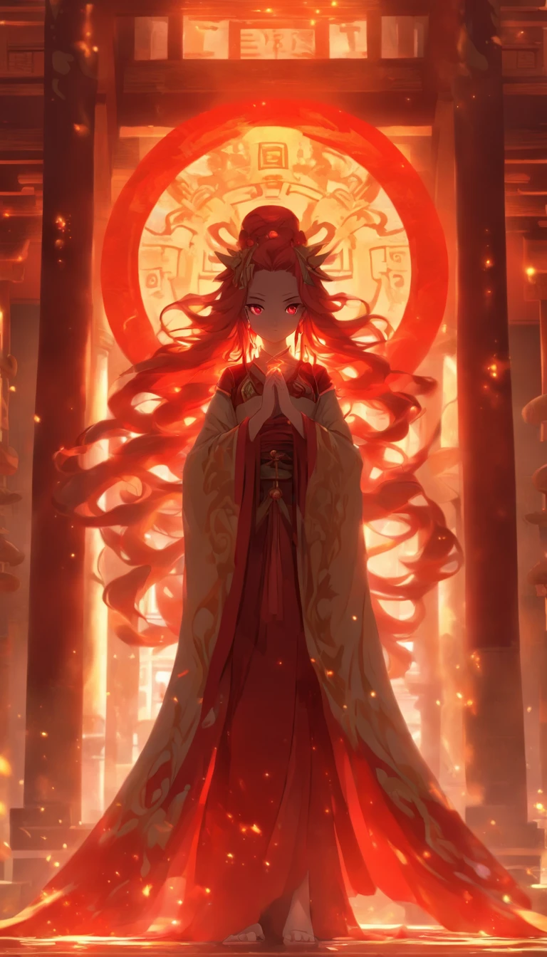 digital art, full body, masterpiece, best quality, 1girl, red eyes, long flowing red hair, inside a temple, solo, looking at viewer, long ceremonial costume, circle of magic, sunlight,