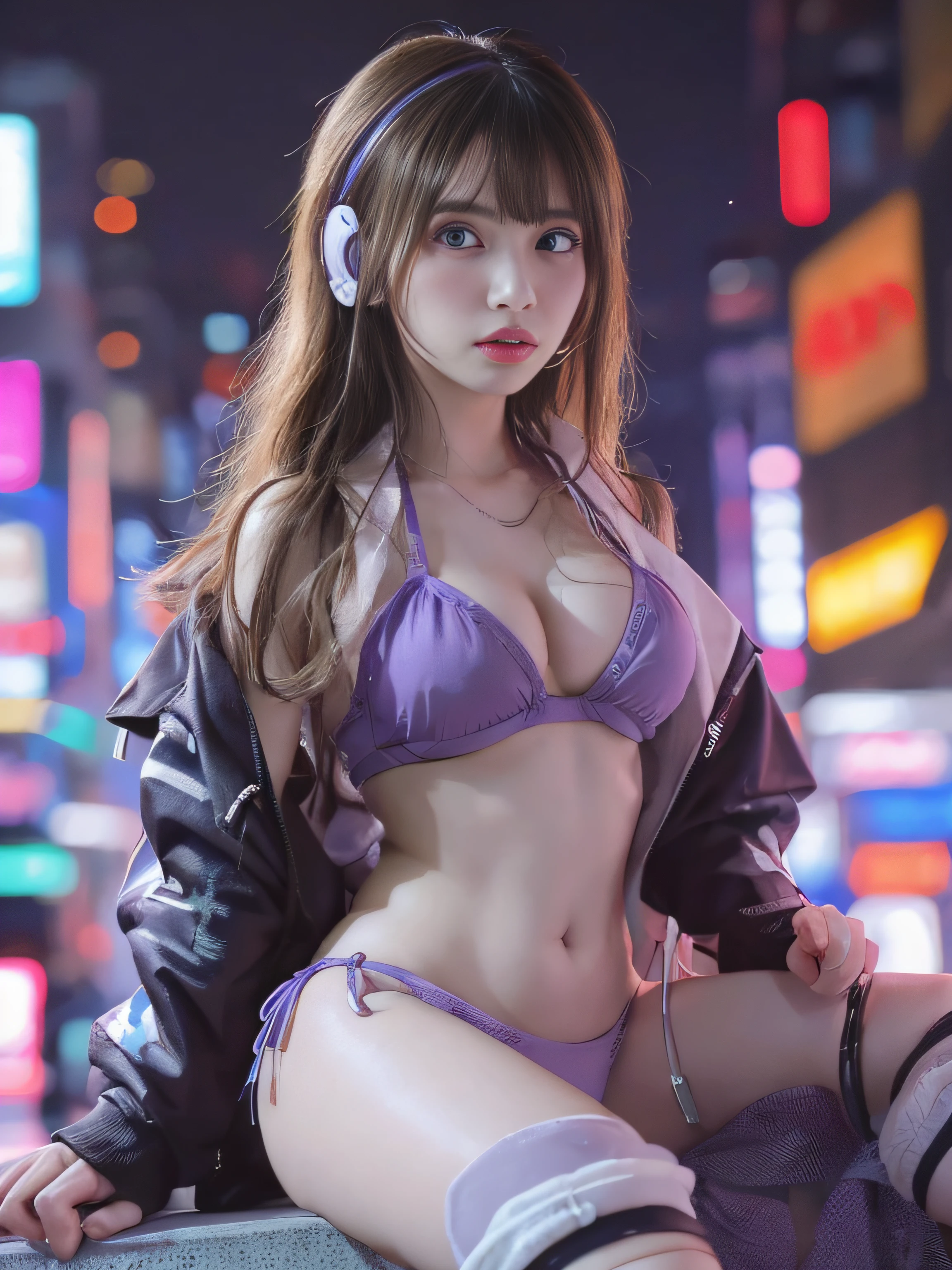 top-quality、masterpiece、超A high resolution、(Photorealsitic:1.4)、Raw photo、1girl in、glowy skin、headset on head、((super realistic details))、portlate、globalillumination、Shadow、octan render、8K、ultrasharp、((delicate body shape))、Future hair ornament、(Cyberpunk complex streetwear:1.3)、cleavage of the breast、((Colossal tits:1.4))、(skin tanned:1.4)、(Bikini Line:1.2)、highly intricate detail、Realistic light、Metal shine、CGSoation Trends、(a purple eye:1.4)、(radiant eyes)、Facing the camera、neon details、sitting on、Cyberpunk background、Small LED lamp、(Purple lighting from behind)、